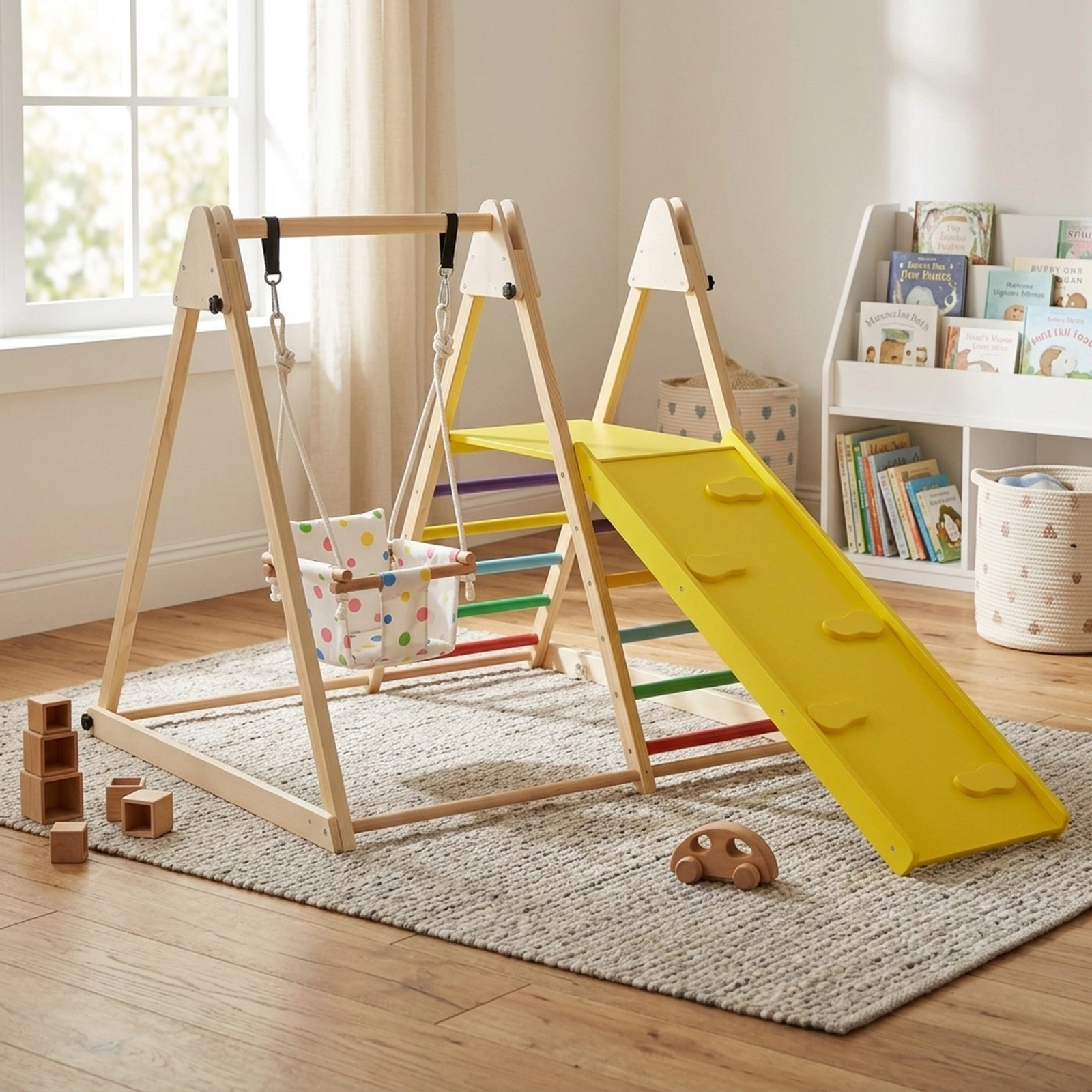 4-in-1 Wooden Indoor Jungle Gym Baby Swing Climbing Ramp Ladder and Rest Platform 330-lb Capacity Ages 1+ Multicolor
