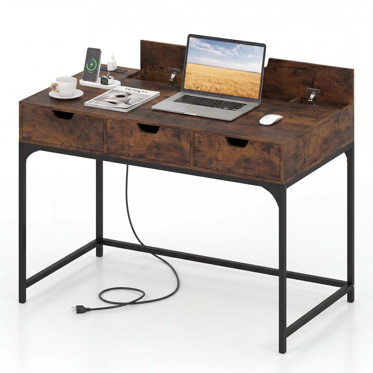 SlickBlue Computer Desk with USB Type-C Charging and Hidden Storage
