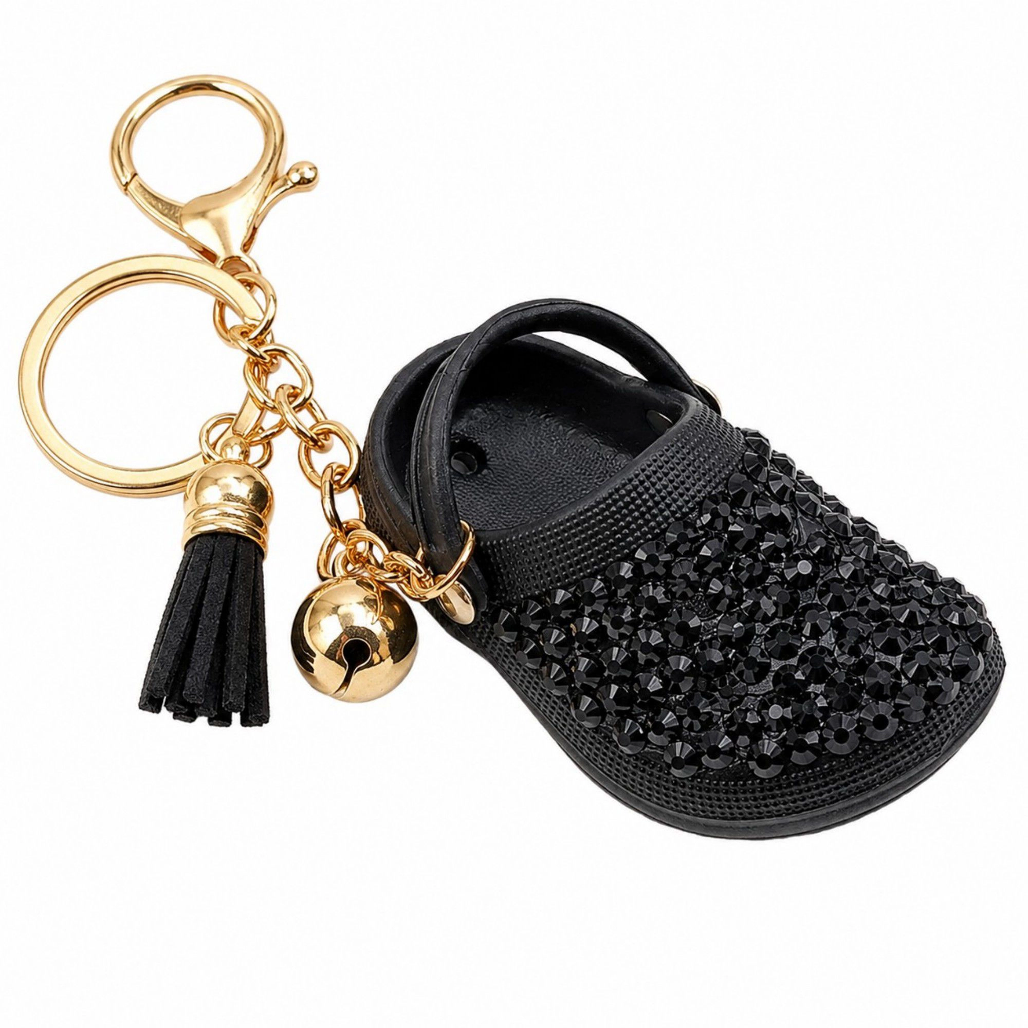 Alilang Women's Rhinestone Mini Clog Keychain Bag Charm with Tassel Gold Tone Clip and Key Ring