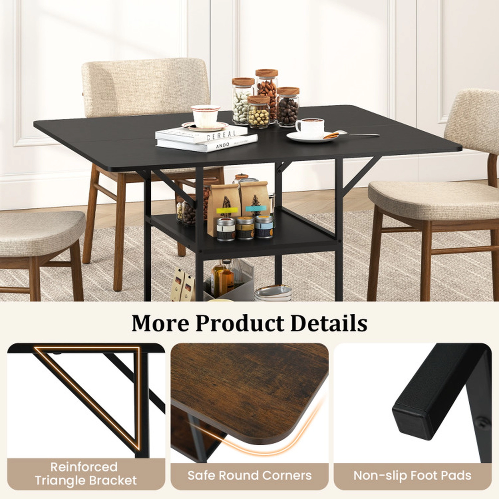 SUGIFT 47-in Rectangular Dining Table with 2 Open Storage Shelves 155-lb Tabletop Capacity Seats 4-6 Rustic Brown/Black