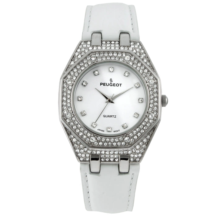 Peugeot Women's 37mm White Watch with Crystal Bezel Leather Band