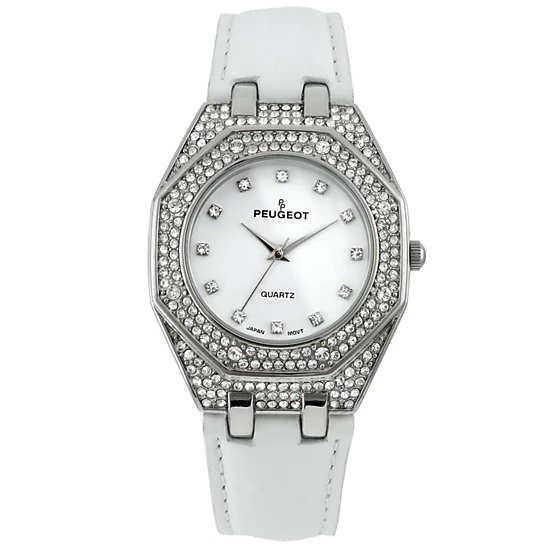 Peugeot Women's 37mm White Watch with Crystal Bezel Leather Band
