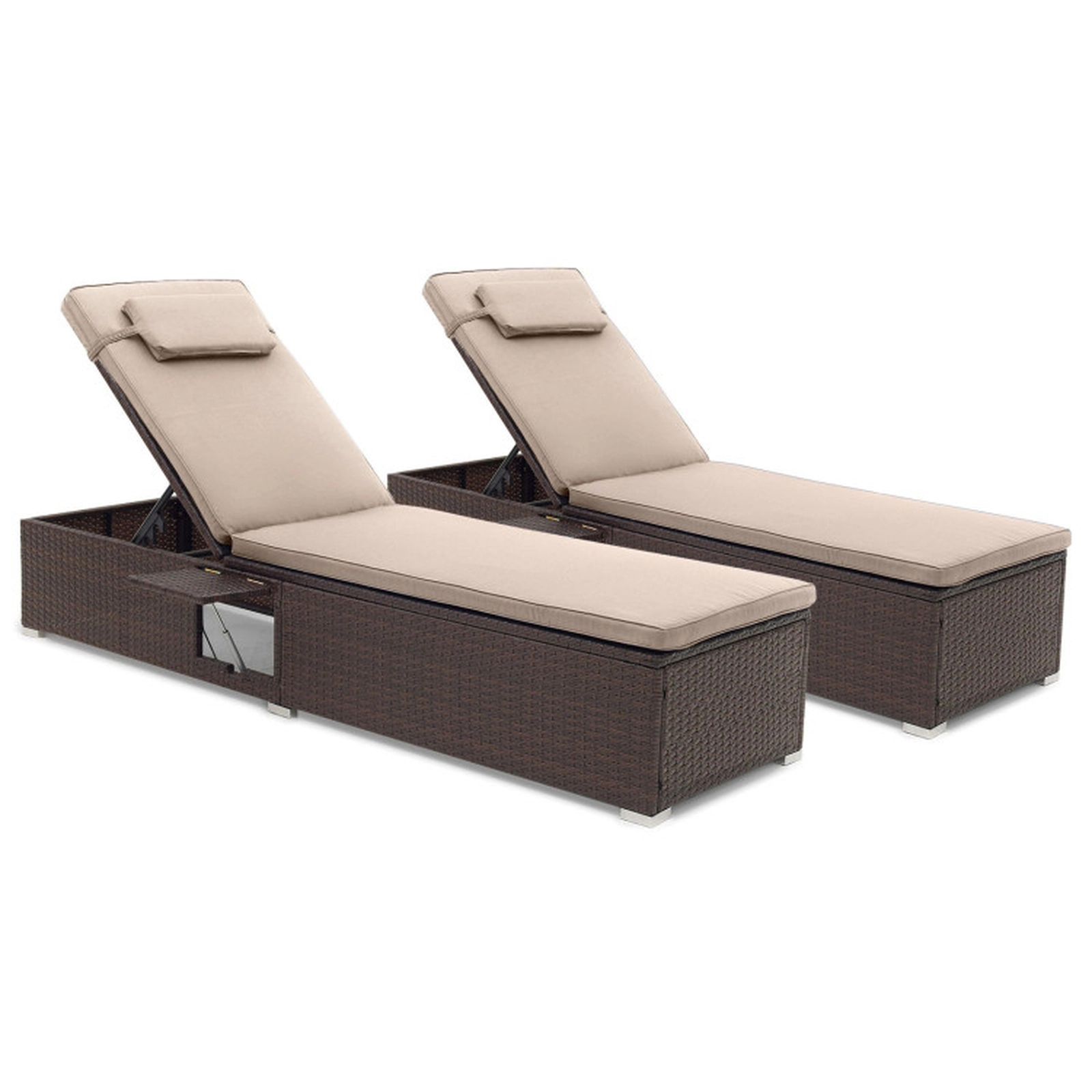 SUGIFT Set of 2 400-lb Capacity Brown 6-Level PE Rattan Wicker Outdoor Chaise Lounges with Foldable Side Table