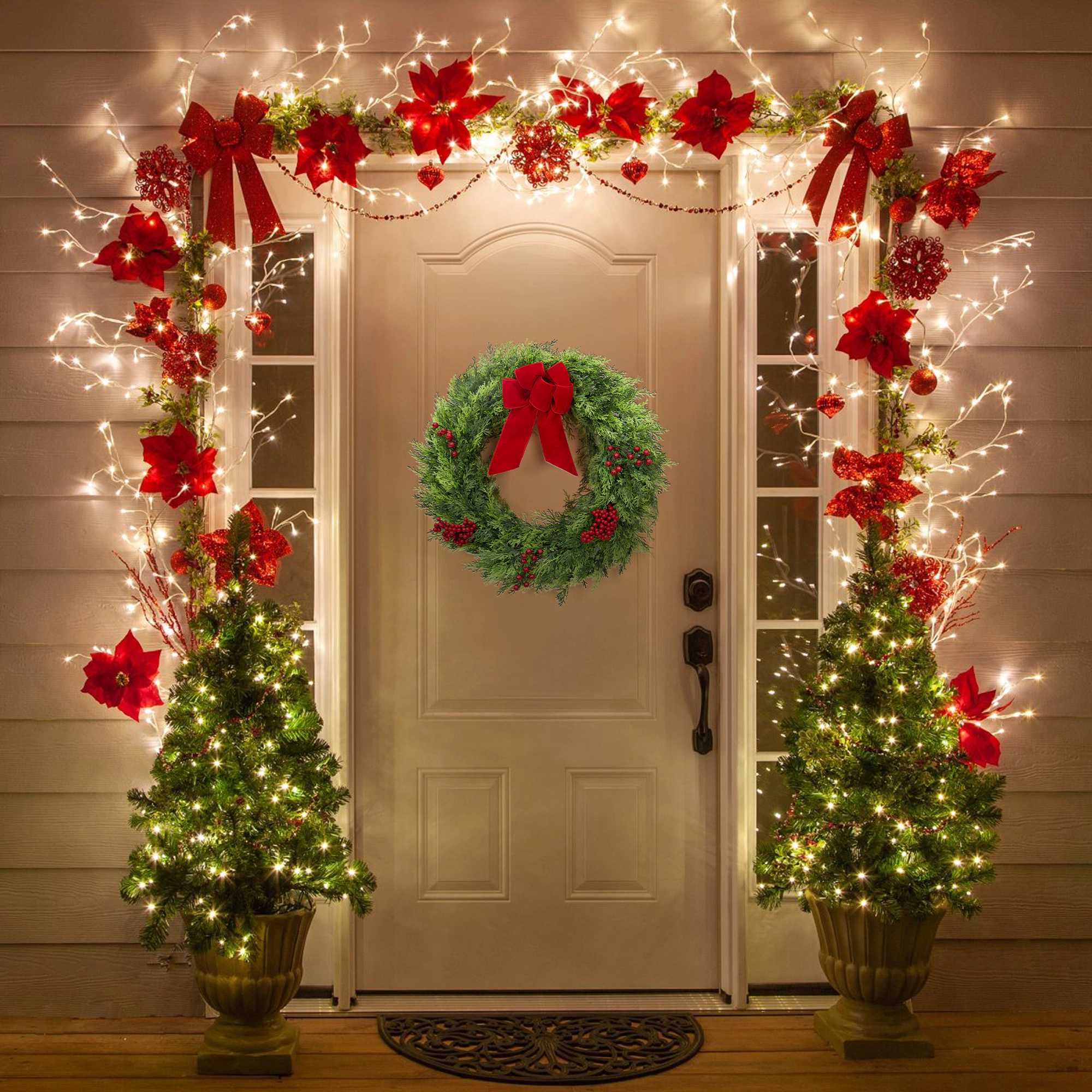 BebreezChic 24" Artificial Xmas Cypress Wreath, Berries & Crimson Velvet Cake Bow, Front Door, Indoor/Outdoor, Green