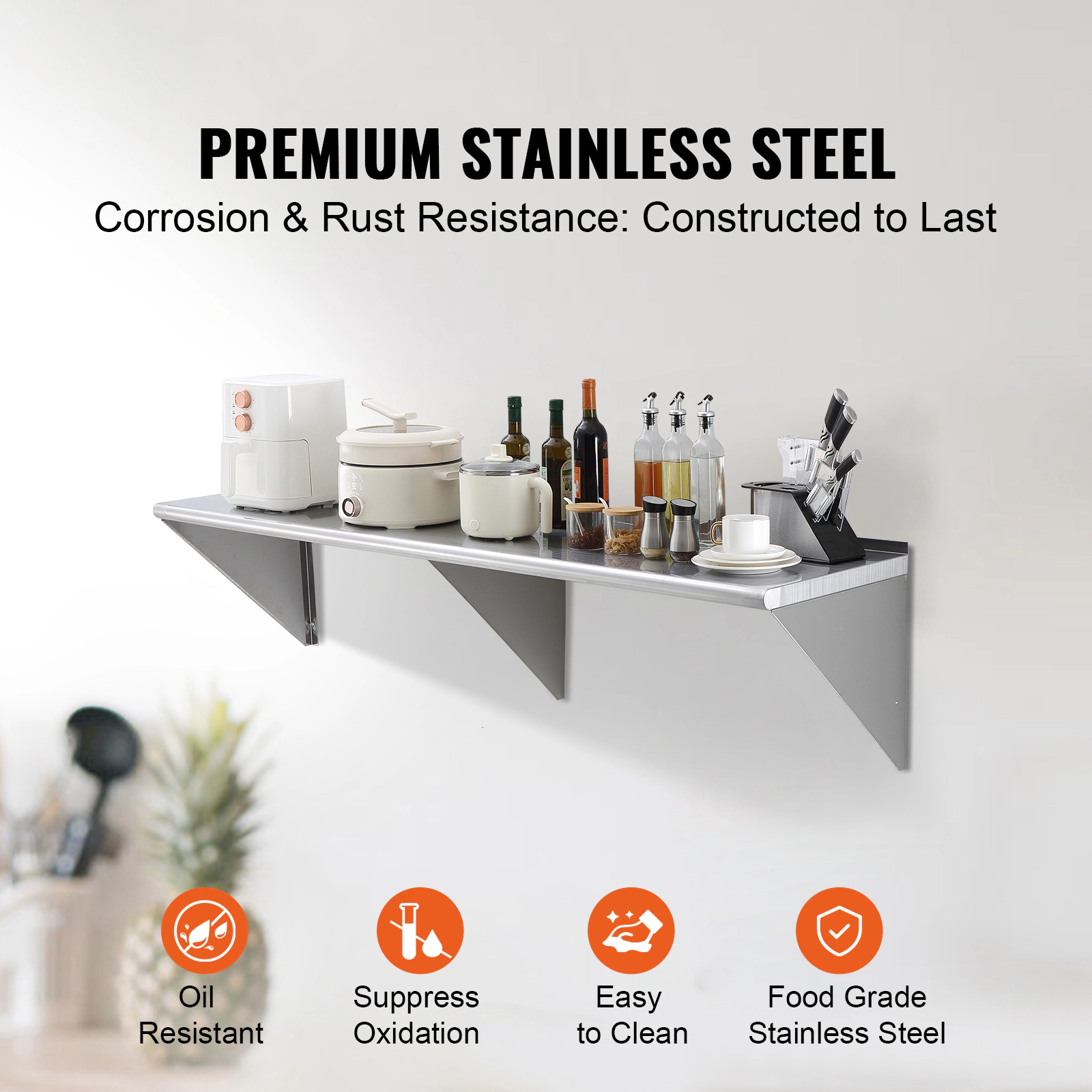 HONGGE Heavy Duty Stainless Steel Wall Mounted Floating Shelving with Brackets for Commercial Storage
