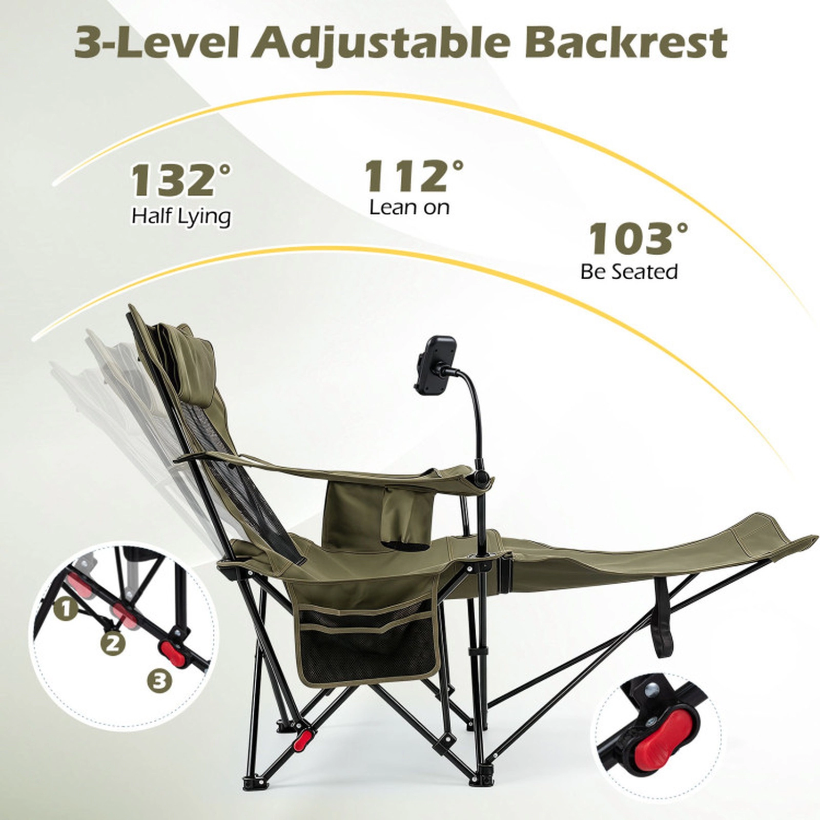 SUGIFT 2-in-1 330-lb Capacity 3-Position Reclining Camping Chair Lounger with Detachable Footrest and Headrest