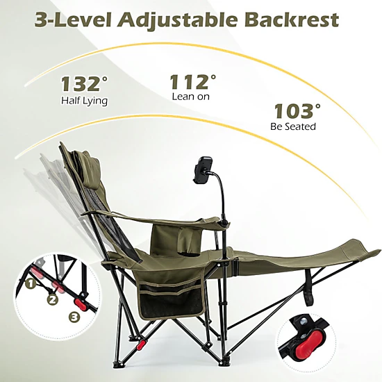 SUGIFT 2-in-1 330-lb Capacity 3-Position Reclining Camping Chair Lounger with Detachable Footrest and Headrest