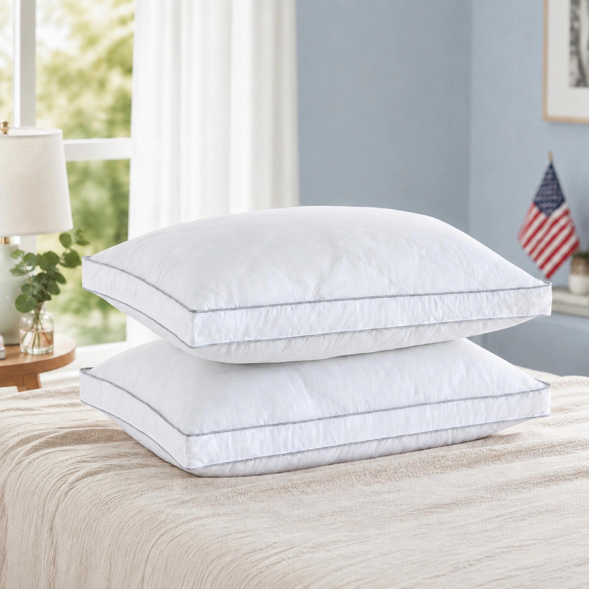 PEACENEST Diamond Quilted Goose Feather Pillows with 1.5-Inch Gusset, Set of 2