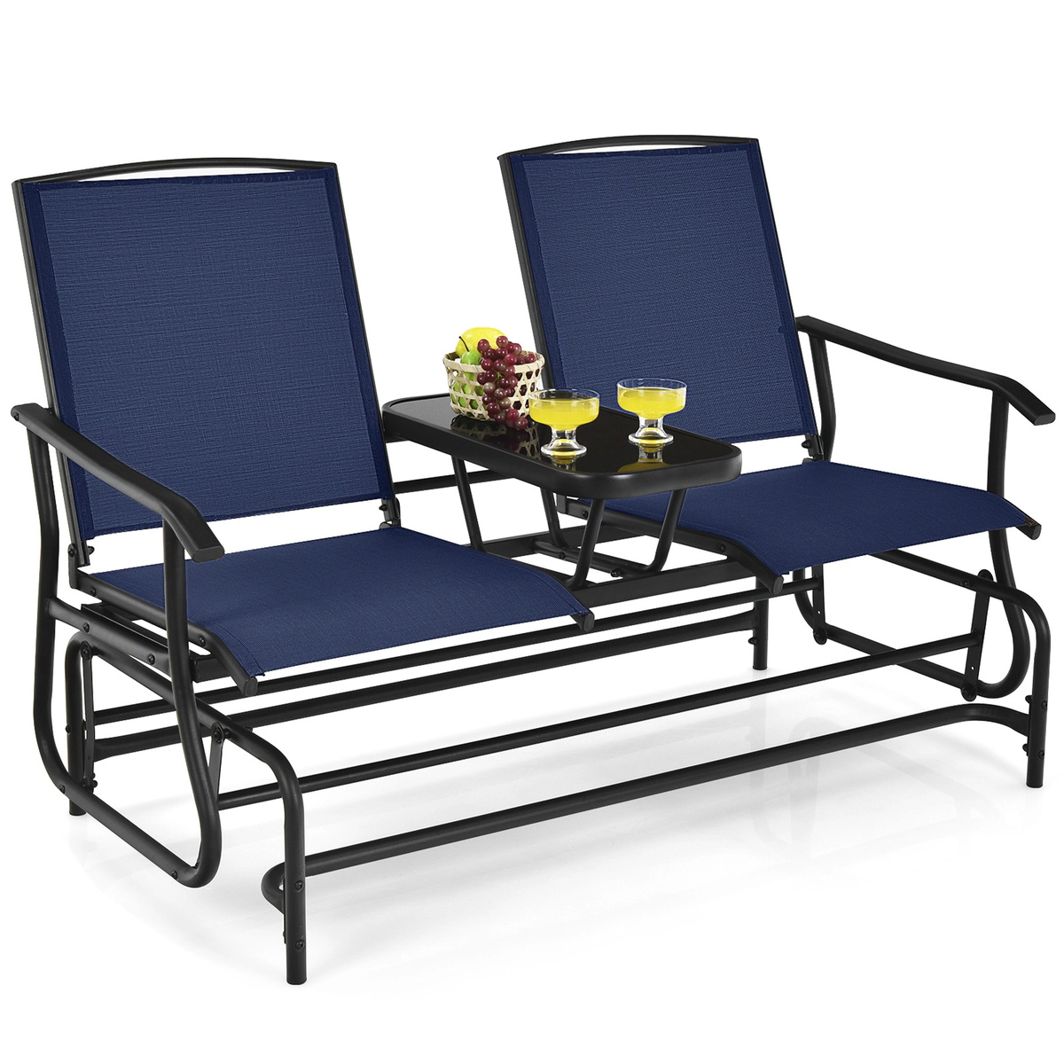 SUGIFT Navy Mesh Fabric and Tempered Glass Center Table 2-Person Double Rocking Loveseat