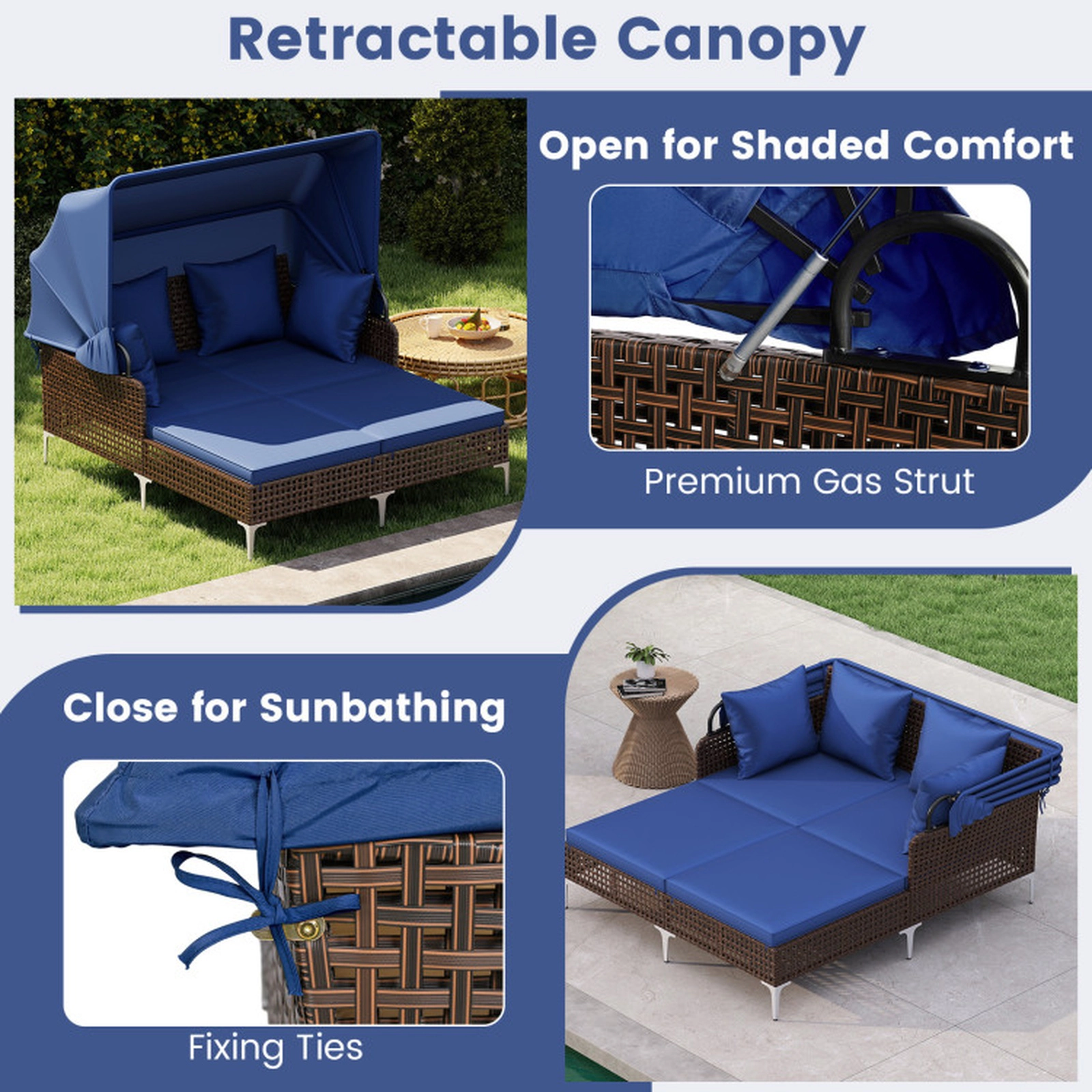 SUGIFT Outdoor Wicker Daybed, 800-lb Capacity, Retractable Canopy, Navy