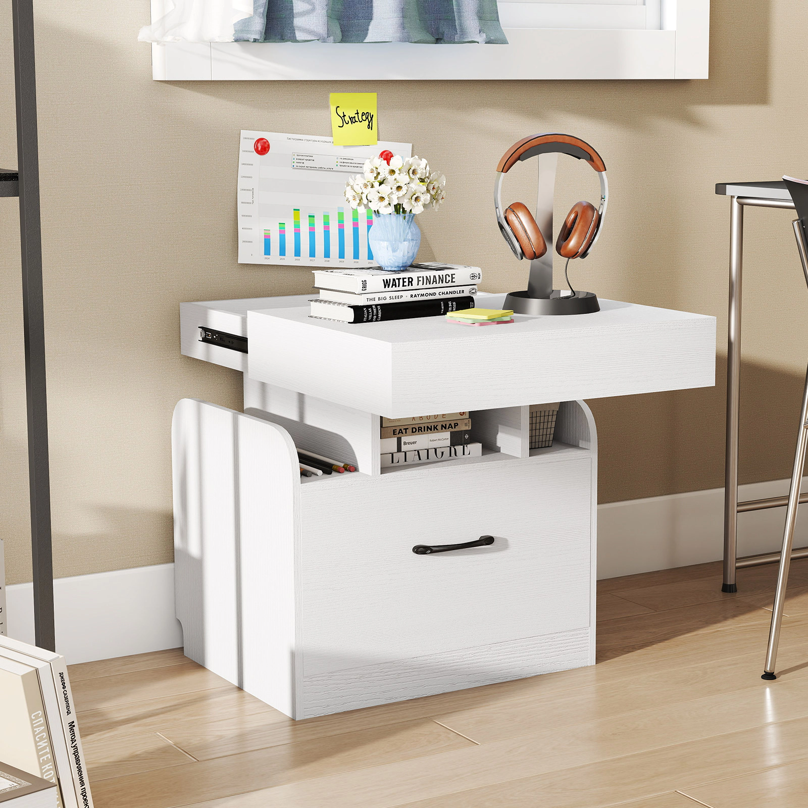 SUGIFT Nightstand with Charging Station Sliding Top Storage 66-lb Tabletop Capacity 3-Compartment Bedside Table White