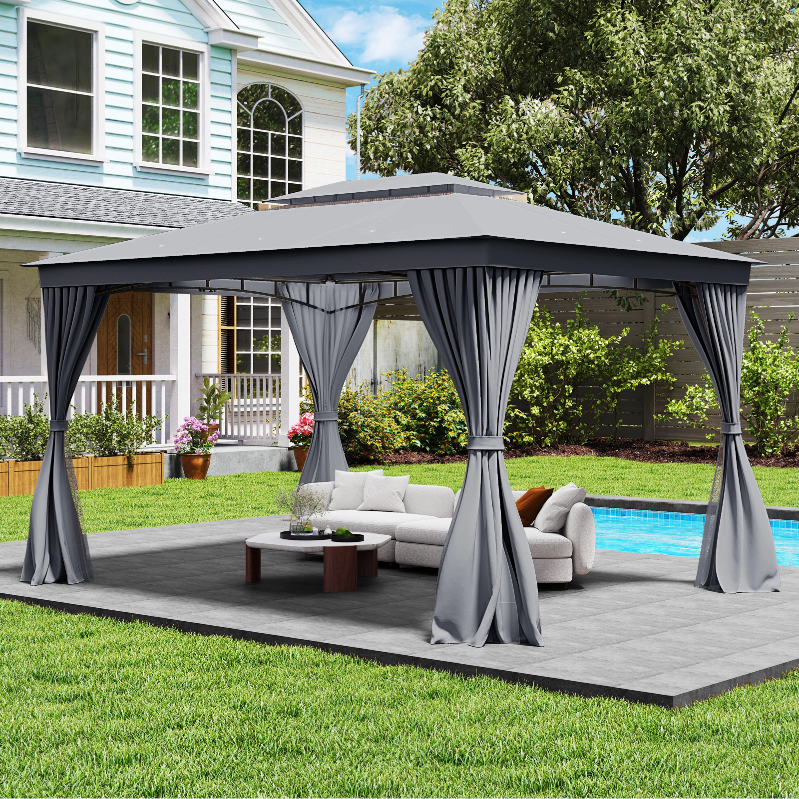 SUGIFT 10-ft x 13-ft Coffee Patio Gazebo with Privacy Curtains Mesh Netting and Vented Double Roof