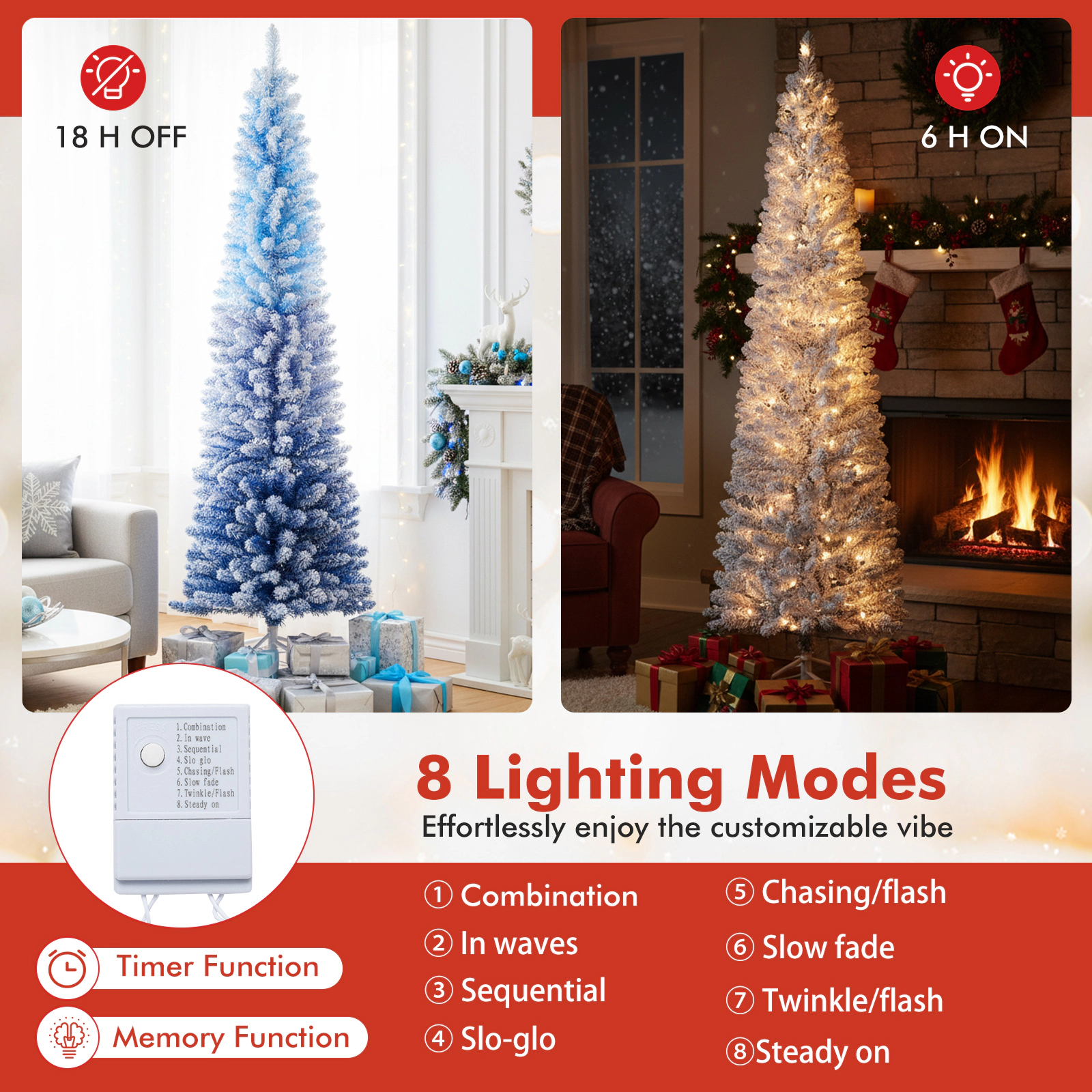 SUGIFT 6-ft Pre-Lit Snow Flocked Blue Ombre Slim Artificial Christmas Tree with 435 Tips for Small Spaces
