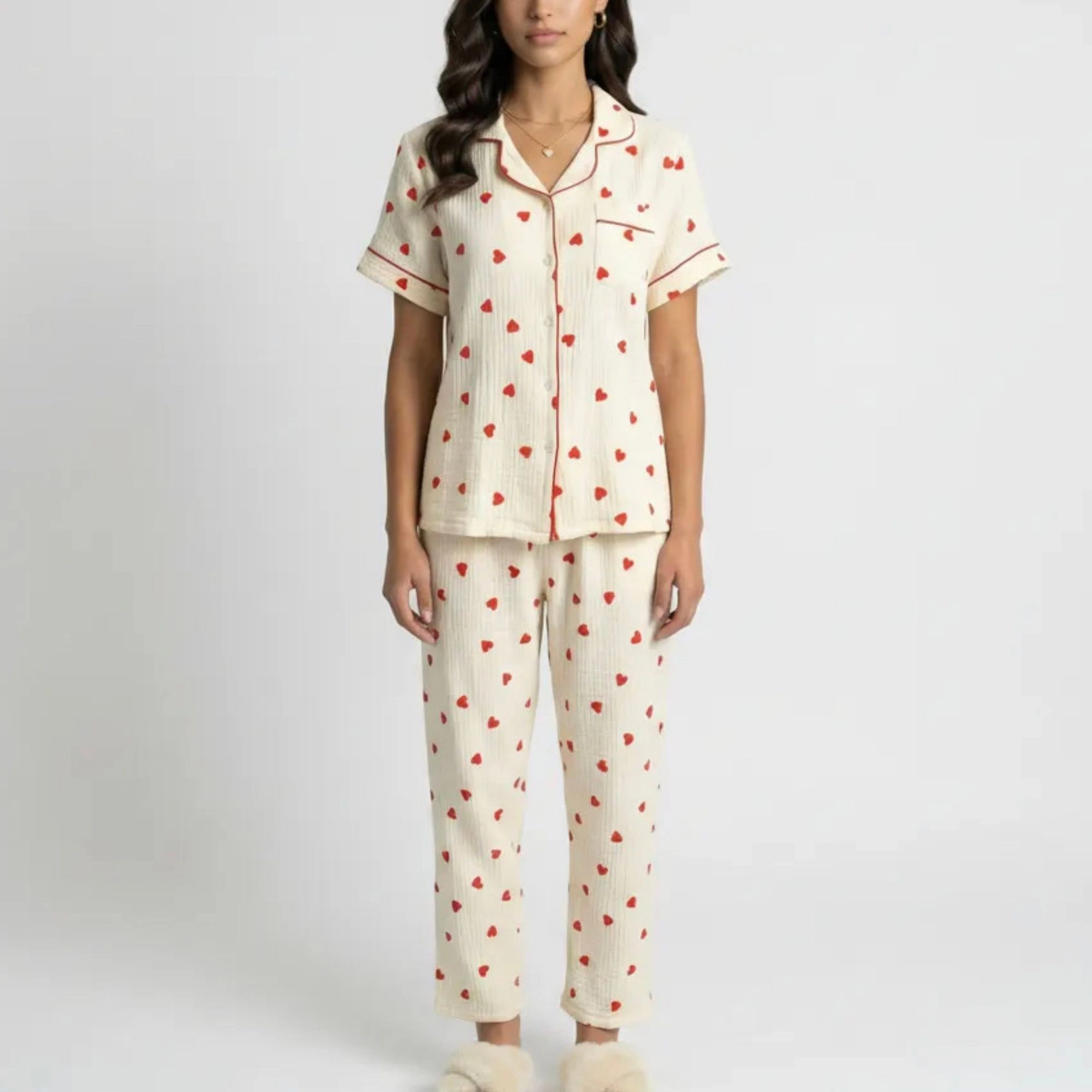 Anna-Kaci Women's Heart Print Valentine Pajama Set with Short Sleeve Button Up Top and Relaxed Fit Elastic Waist Pants
