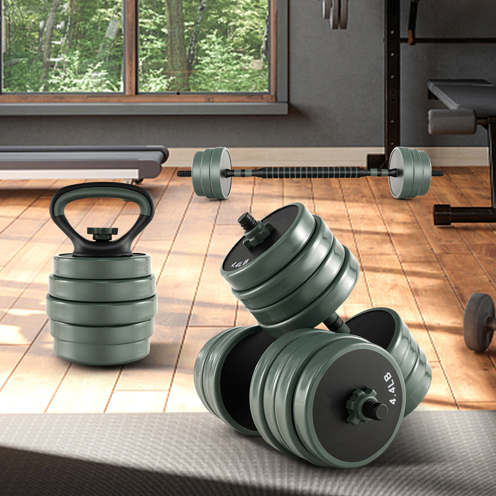 SUGIFT Black 4-in-1 Adjustable Dumbbell and Barbell Set with Kettlebell Base 21-in Bar 91.5-lb Total Weight