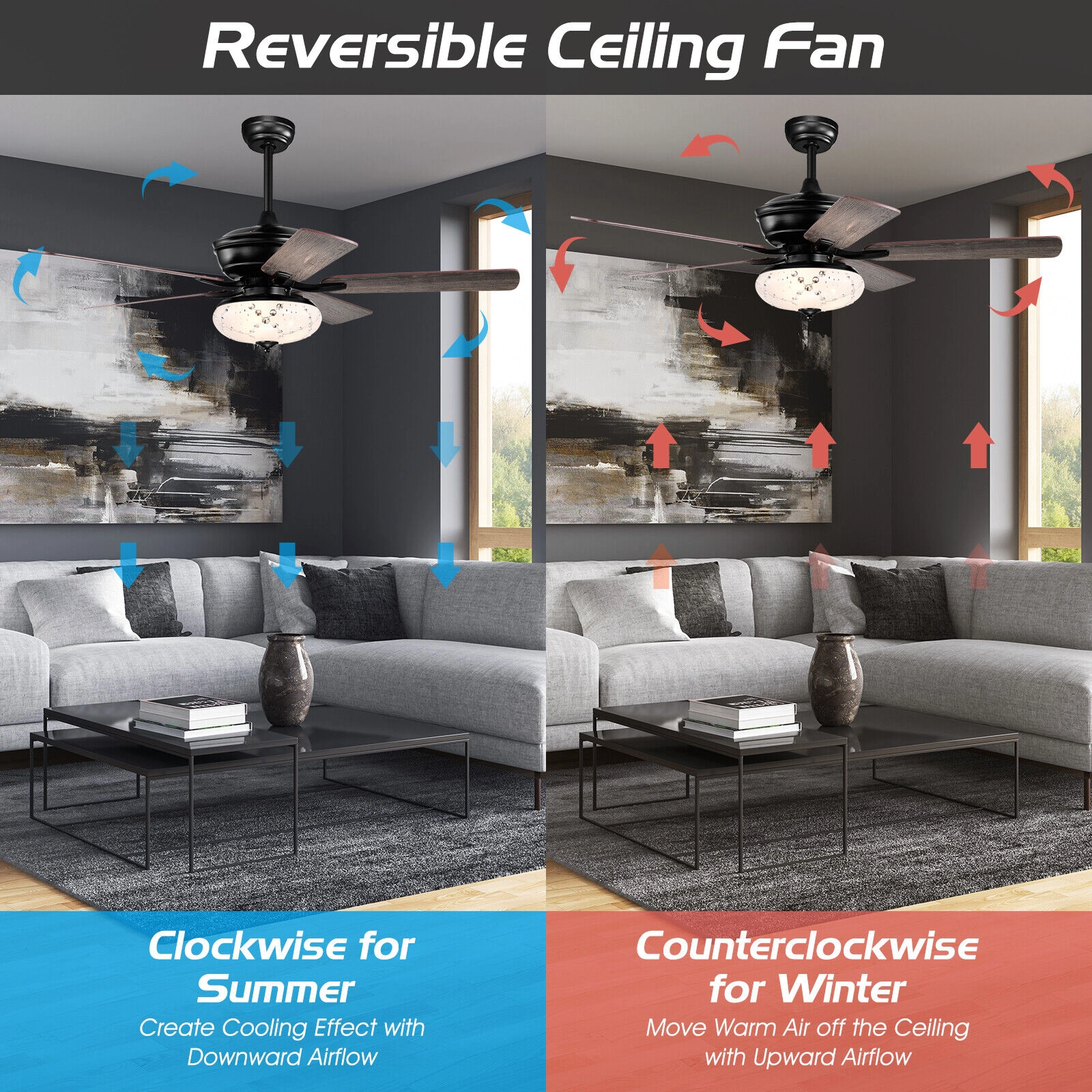 SUGIFT 52-in Retro Ceiling Fan with Remote Control 3 Wind Speeds Reversible Motor 5 Double-Faced Blades Black/Gray