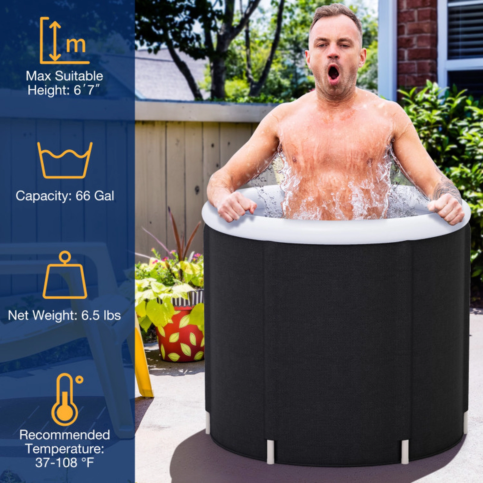 SUGIFT 32 x 29.5 in 66 Gal Outdoor Ice Plunge Tub with Inflatable Lid and Seat Cushion Cold Water Bath Black+White
