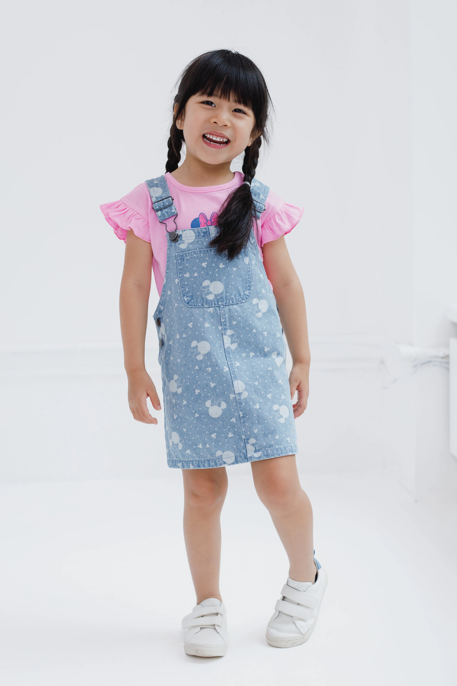 Disney Minnie Mouse Girls' Denim 2-Piece Overall Dress and T-Shirt Set