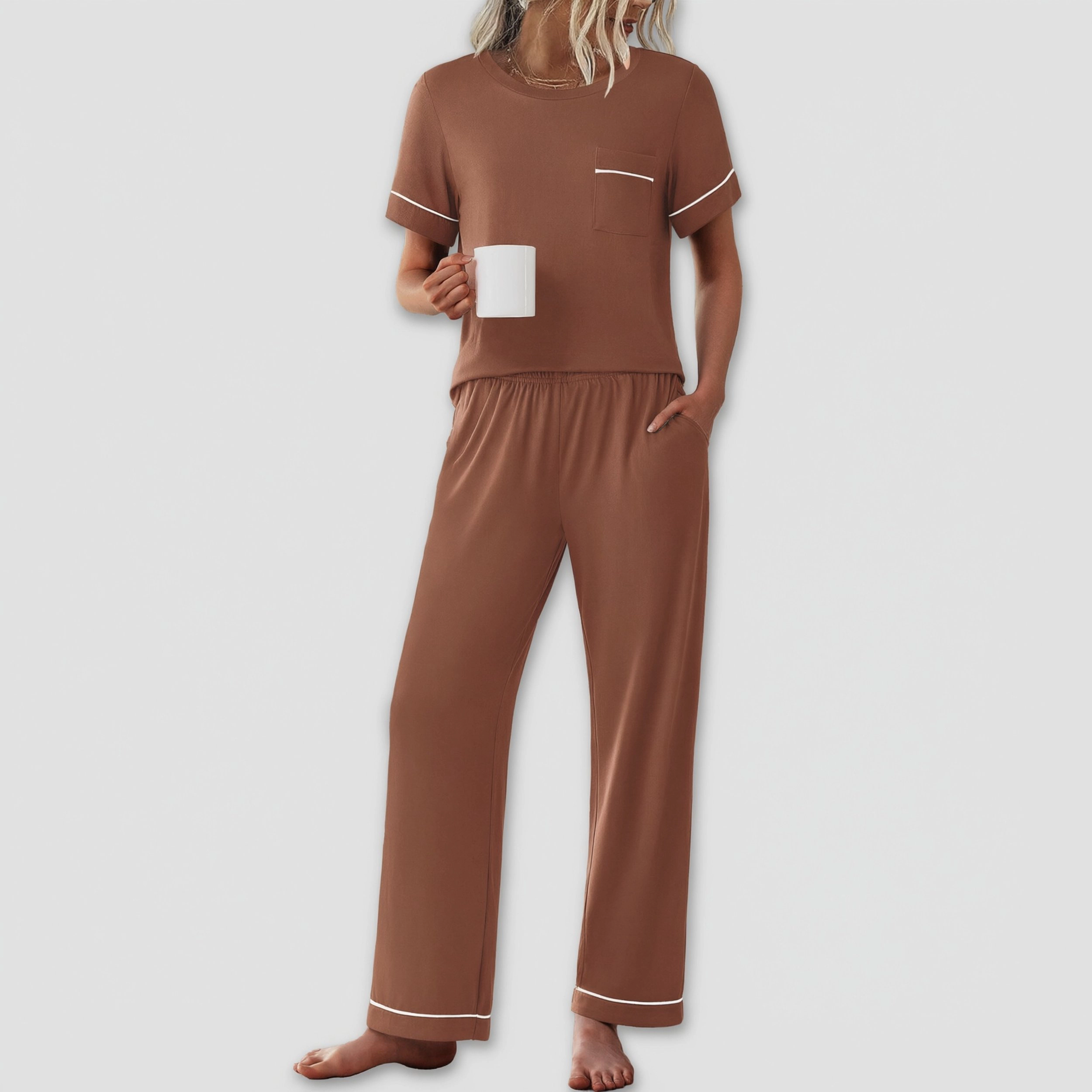 Ekouaer Women's Crew Neck Short Sleeve Pajamas Set Lounge Sleepwear