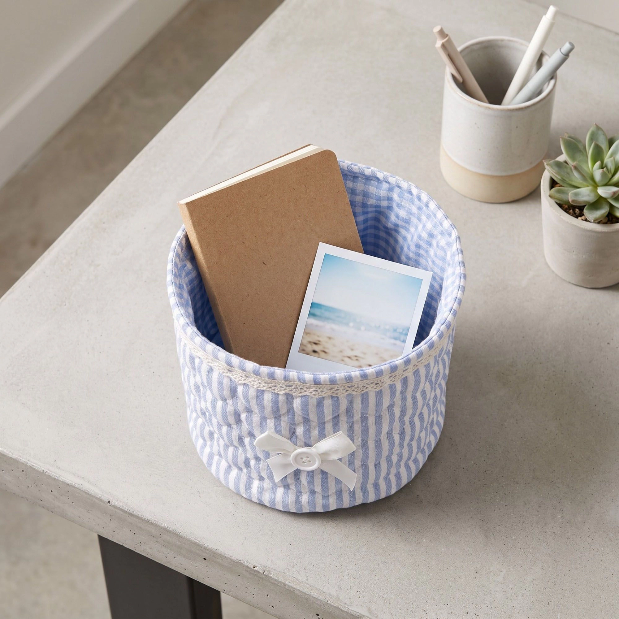 Alilang Unisex Quilted Fabric Storage Basket with Lace Trim and Bow