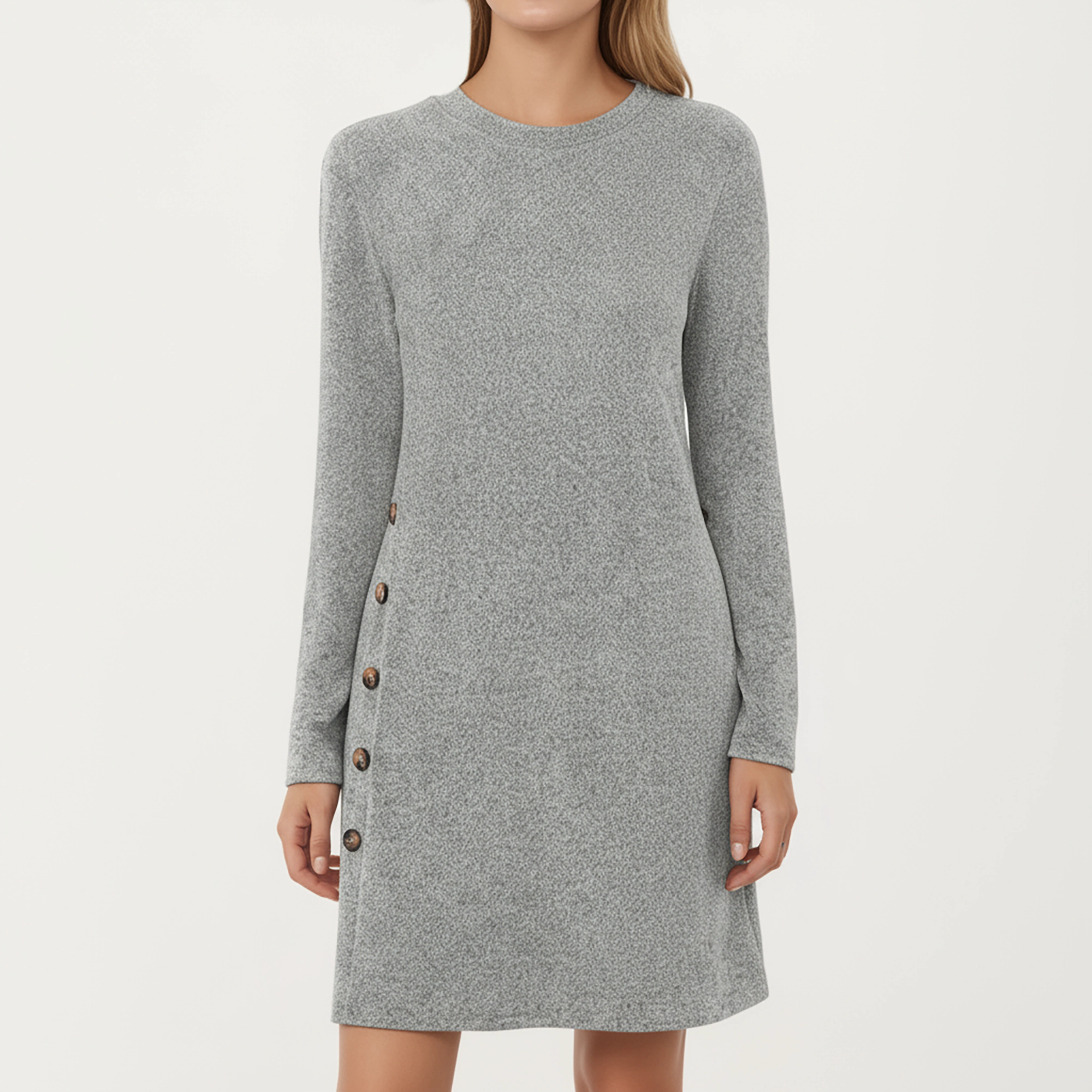 Anna-Kaci Women's Long Sleeve Knit Side Button Crew Neck Dress