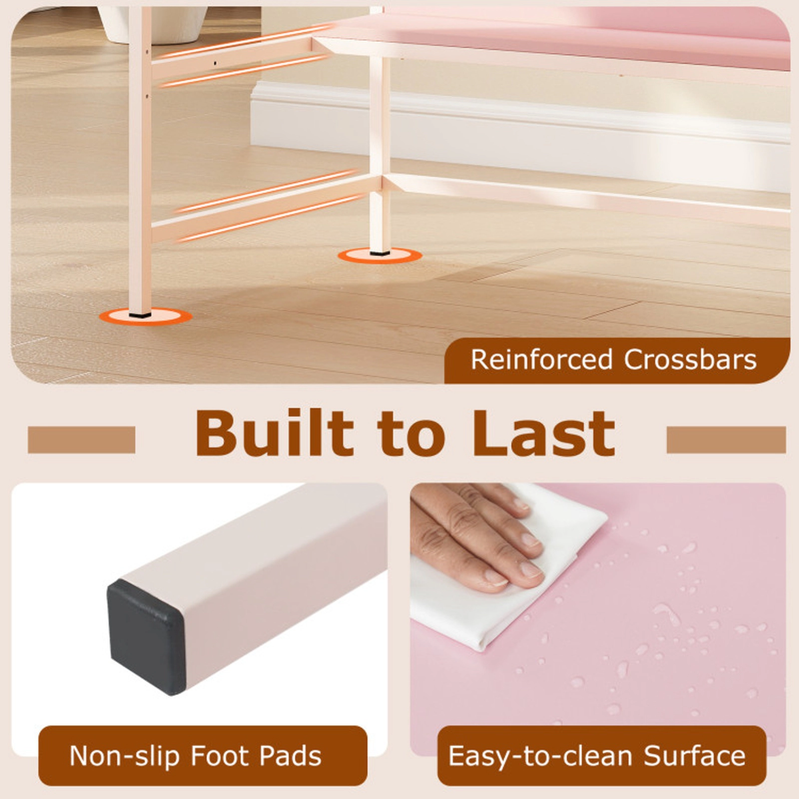 SUGIFT Pink Power Outlets Mesh Storage Shelves and Hanging Hook 48 Inch Computer Desk