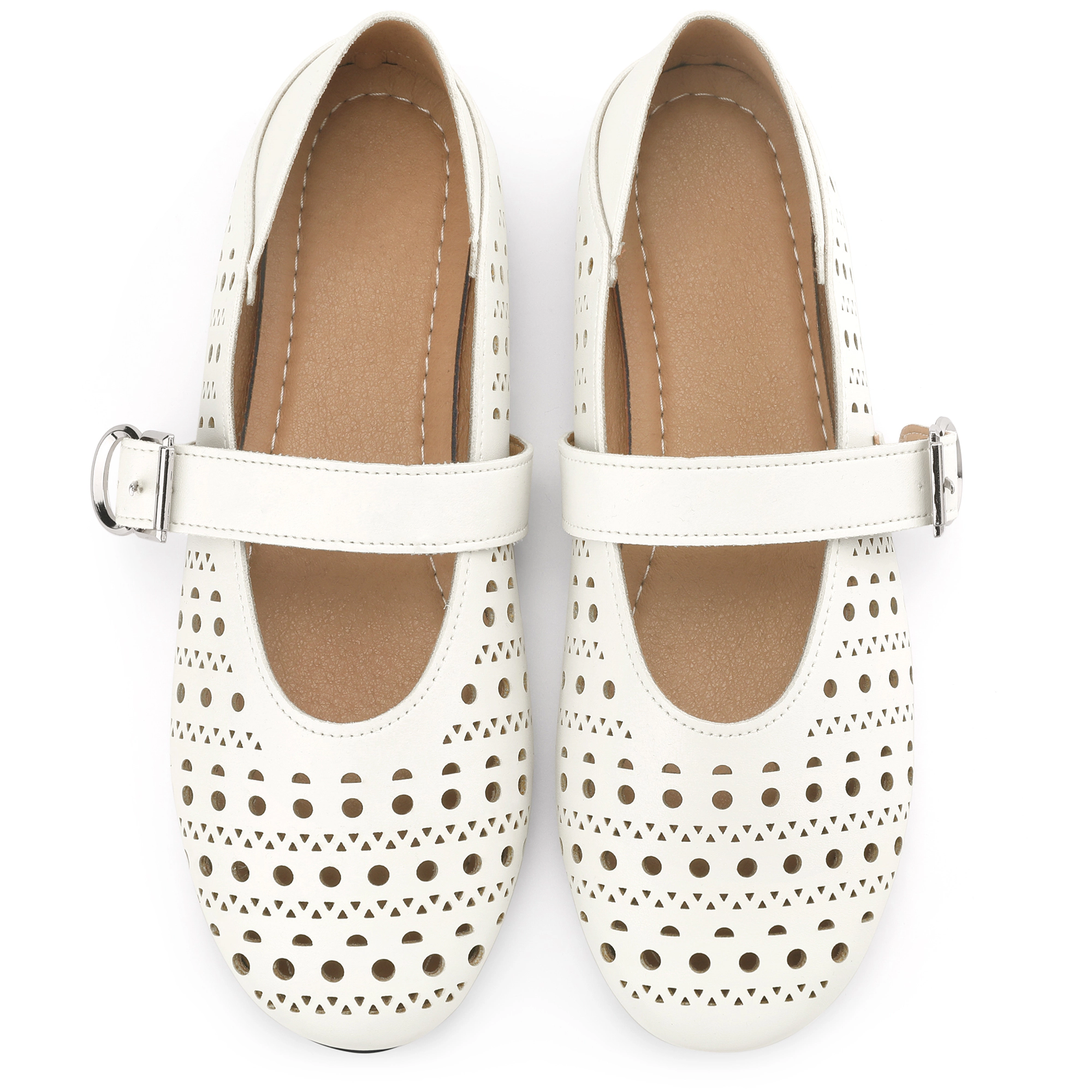 BLISSFUL STEP Women Faux Leather Buckle Round Toe Cutout Slip-on Flats Pumps