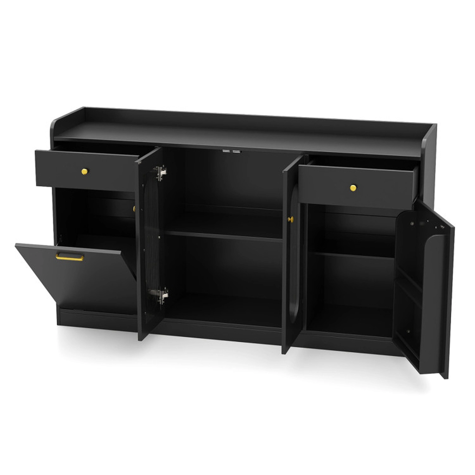 SUGIFT 55-in Tilt-Out Trash Cabinet 2 Fluted Glass Doors 2 Drawers Buffet Sideboard 31.5-in H 110-lb Capacity Black