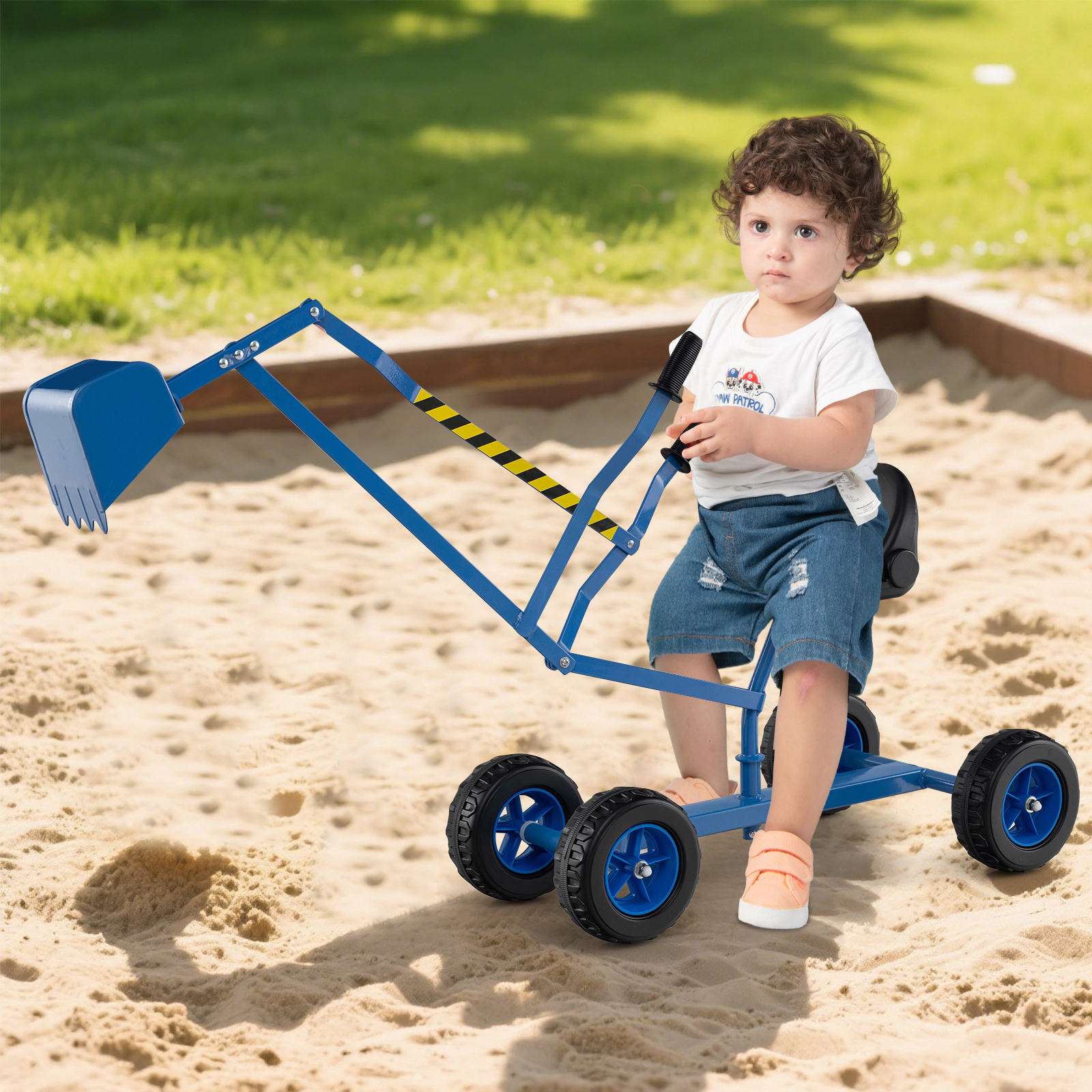 Blue Kids Ride-On Sand Digger Excavator Toy on 4 Wheels 2-Handed Levers Swivel Seat 110-lb Capacity Ages 3+