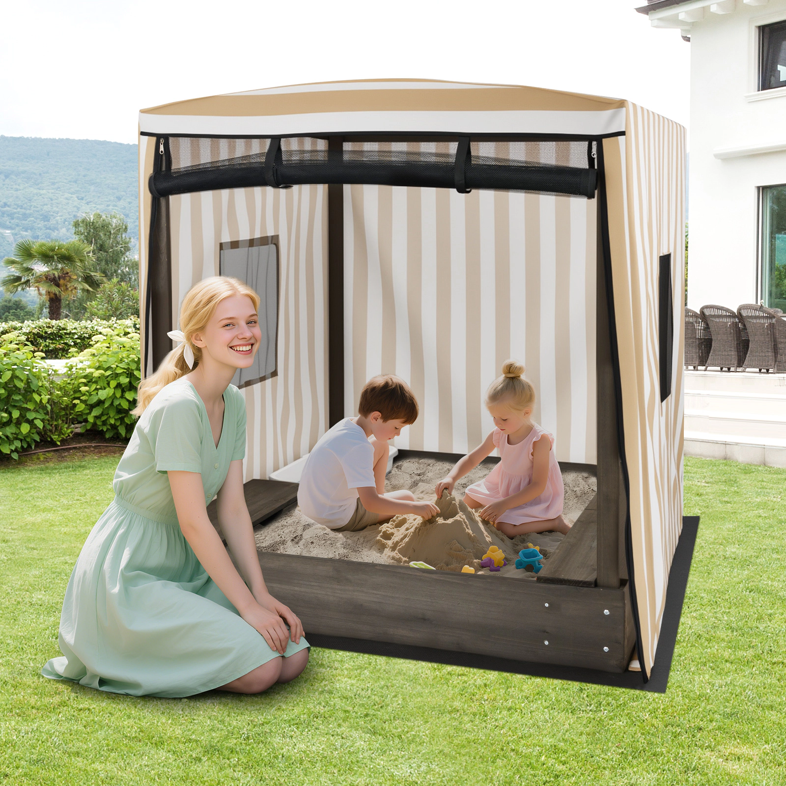 Wooden Sandbox with Canopy 48-in Covered Kids Sand Pit Roll-Up Zip Door Mesh Windows Storage Benches Ages 3+ Brown