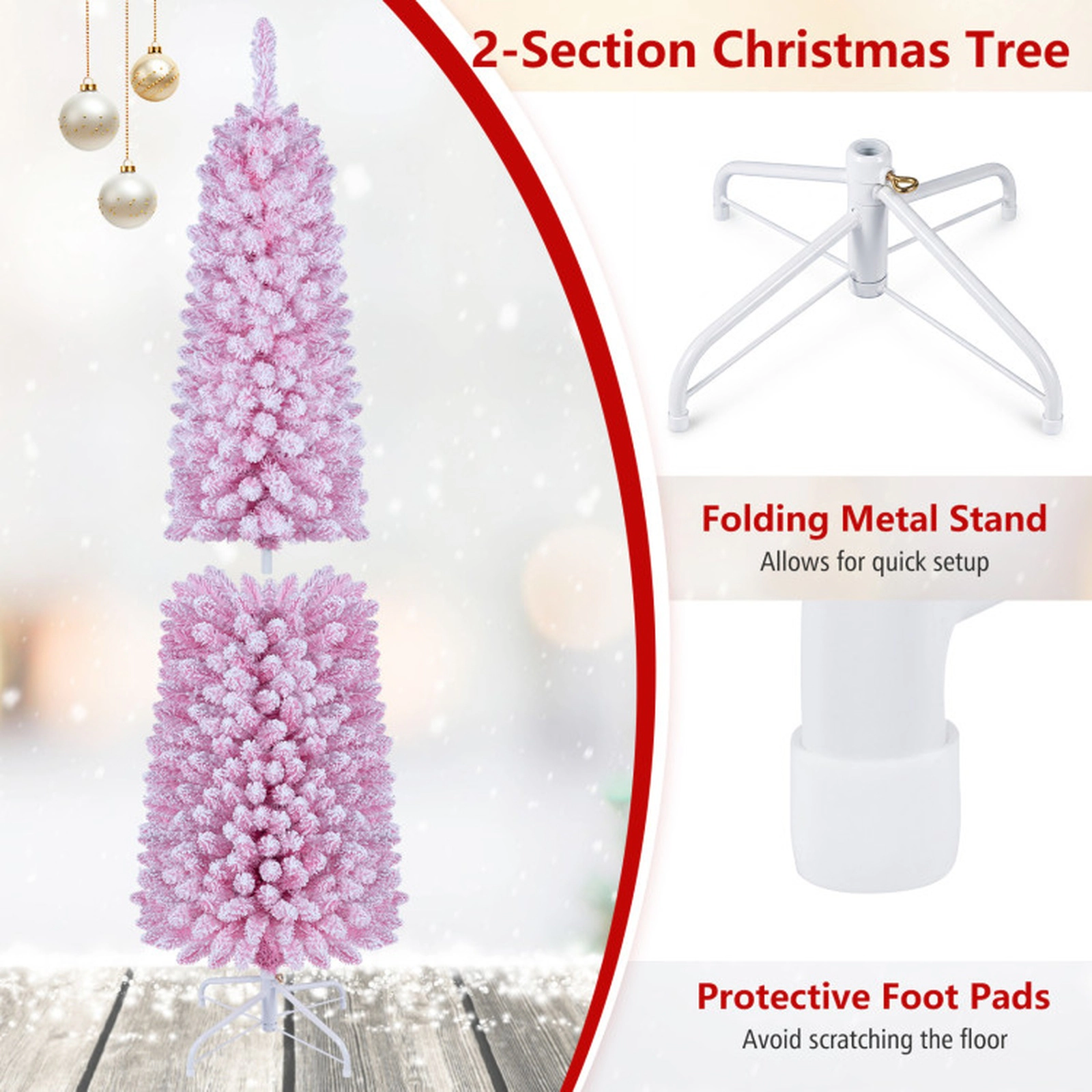 SUGIFT 6-ft Pink Flocked Pre-Lit Pencil Christmas Tree, 140 Warm White LEDs, 8 Modes