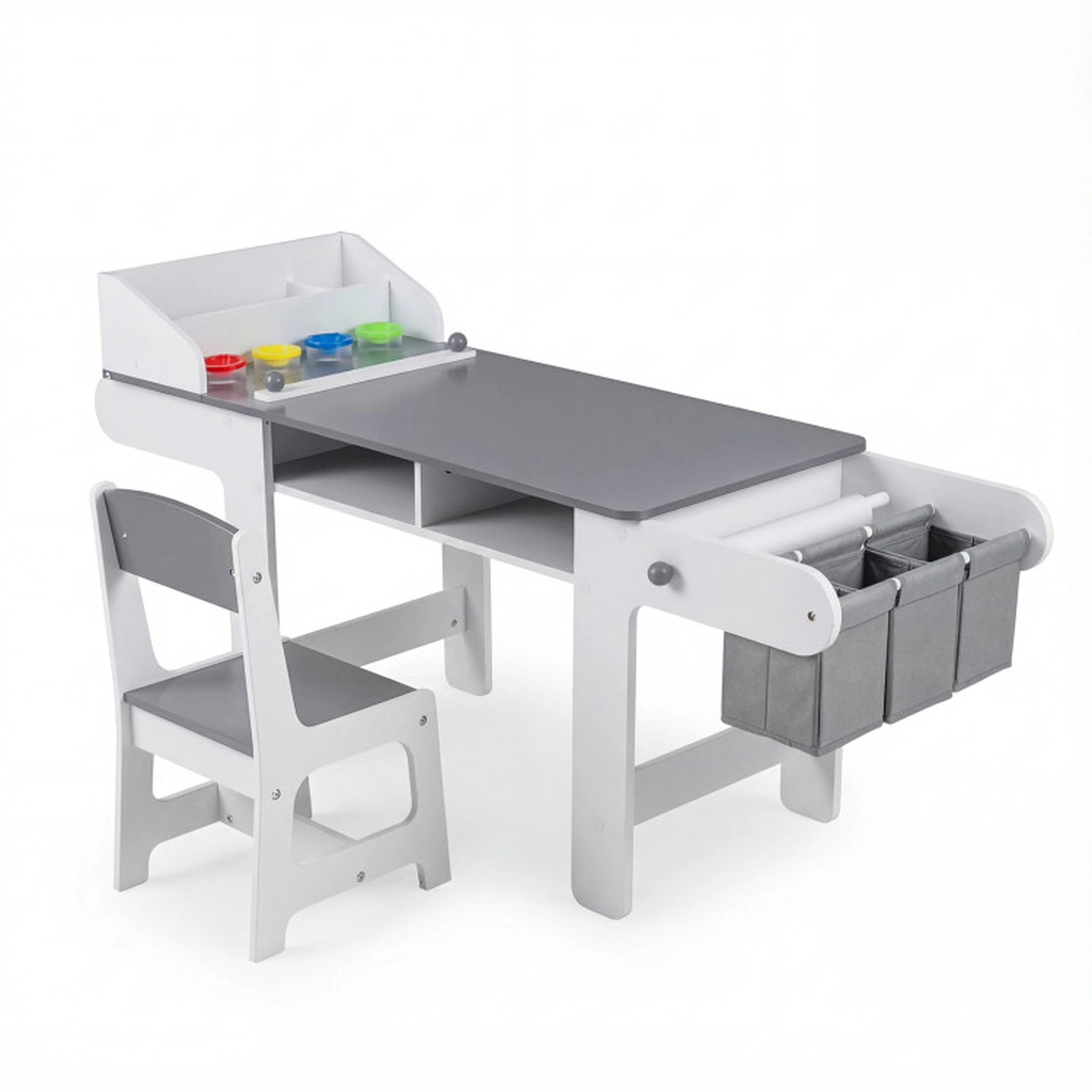 SUGIFT Gray Paper Roll Dispenser 4 Paint Cups and Fabric Bins Kids Art Table and Chair Set