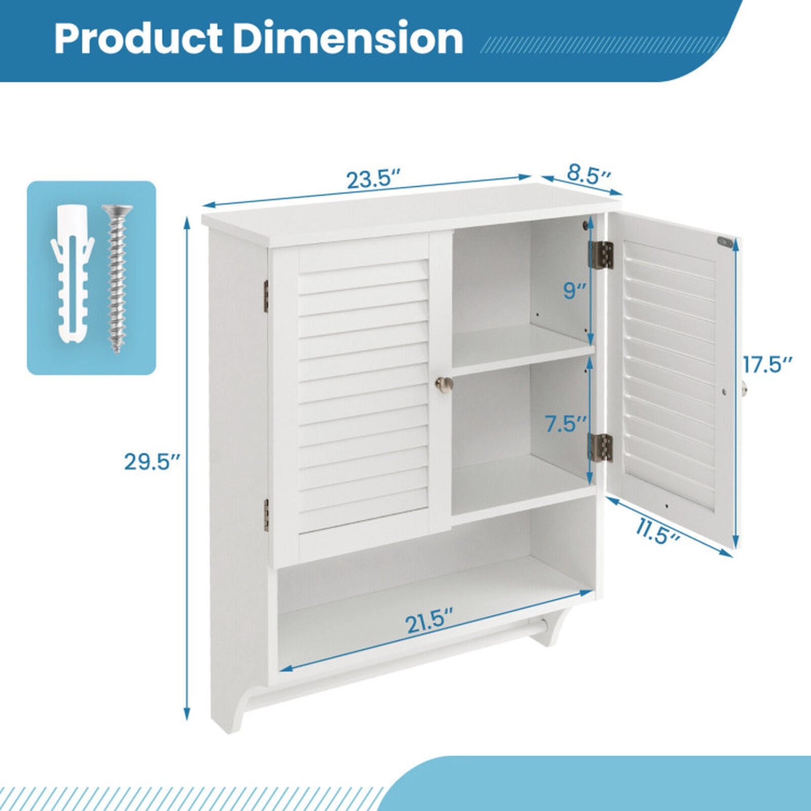 SUGIFT 2 Louvered Doors Towel Bar 3-Position Shelf MDF Bathroom Medicine Cabinet 23-in x 9-in x 30-in 22-lb White