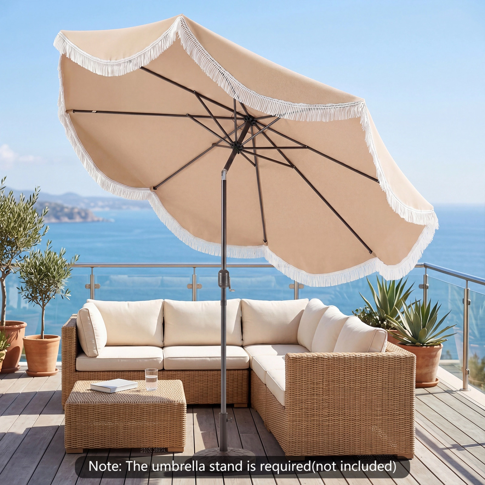 SUGIFT 10-ft Cream Fringed Market Patio Umbrella with Crank, Push-Button Tilt and Air Vent