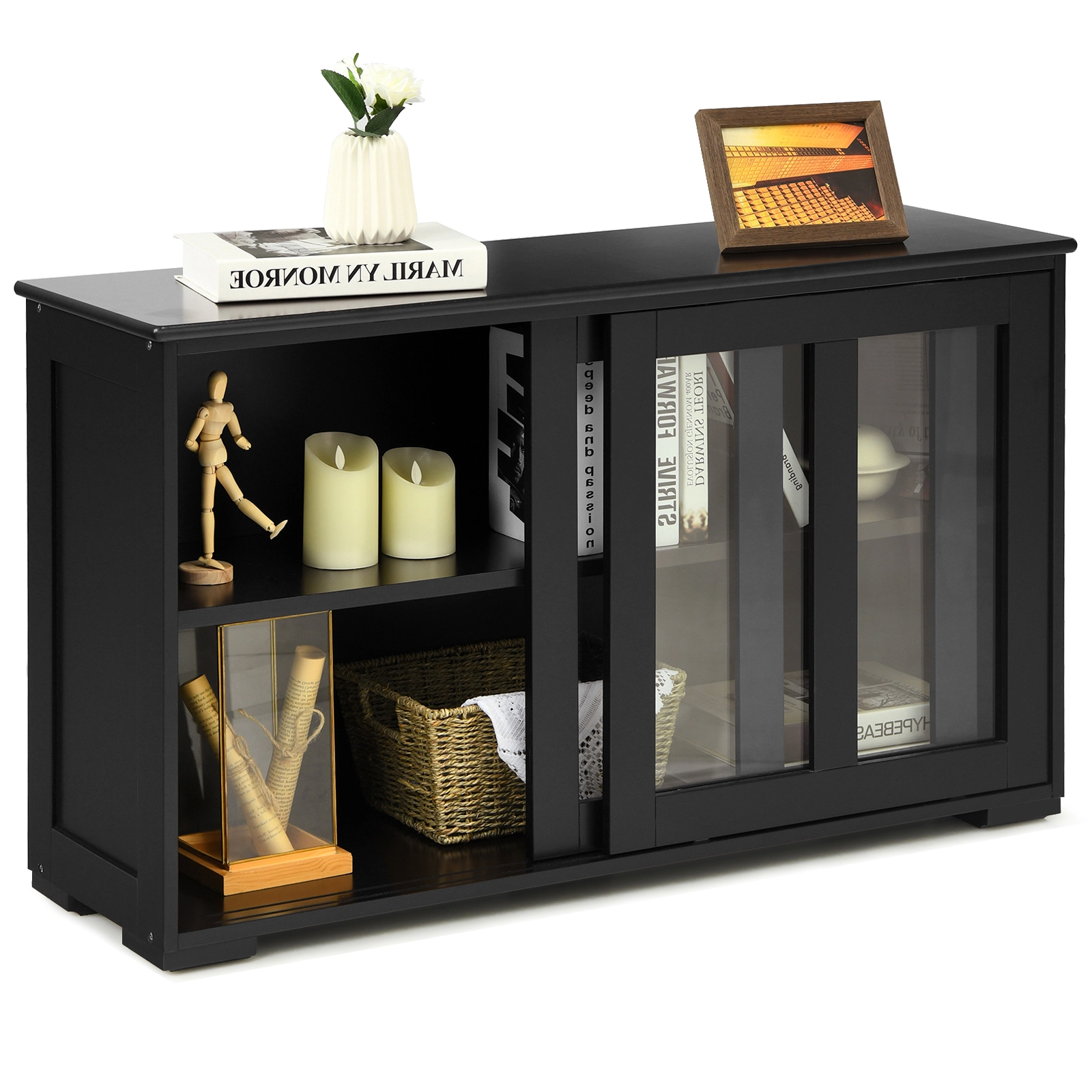 SUGIFT Painted MDF Kitchen Storage Cabinet with Sliding Tempered Glass Doors 24.5-in Tall Black