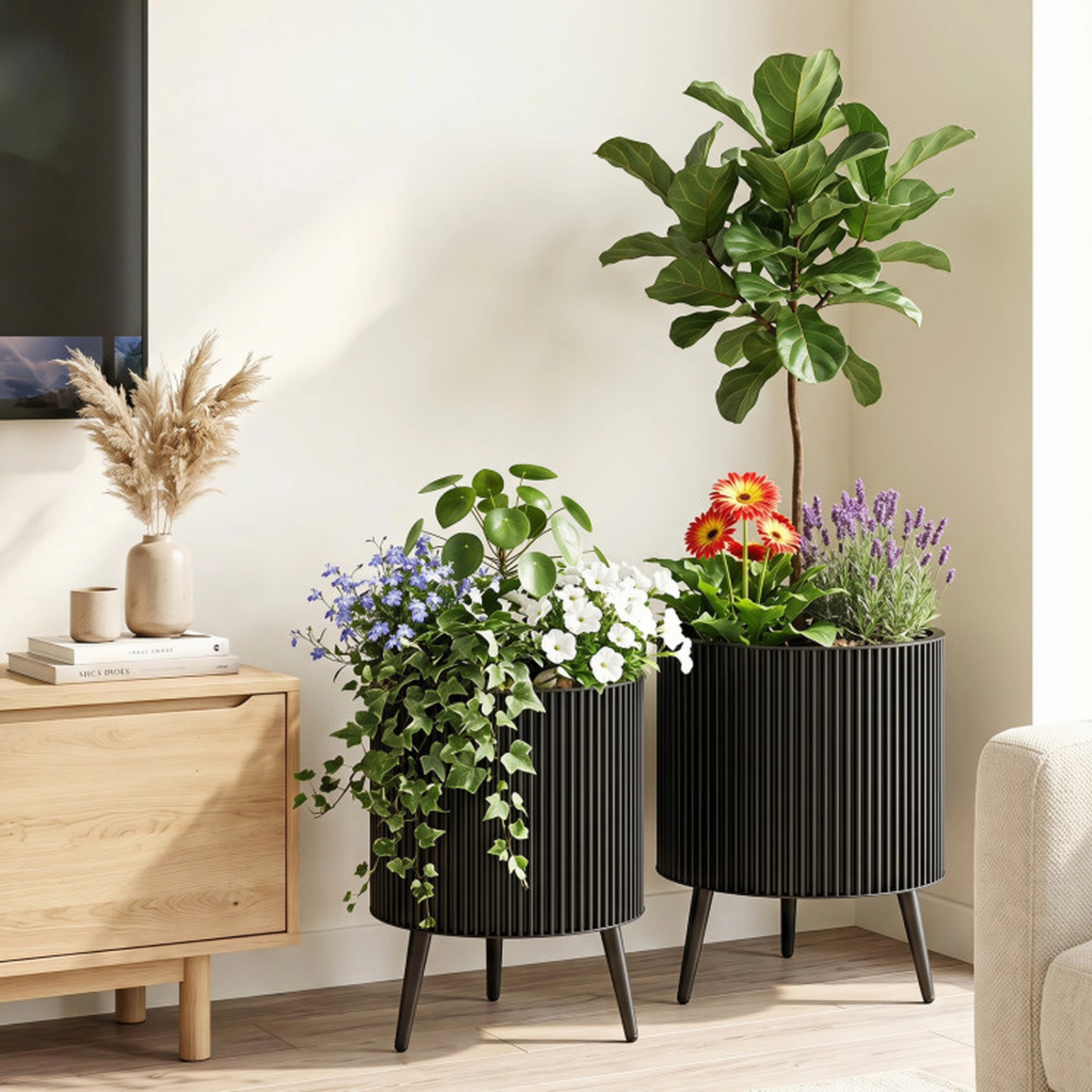 SUGIFT Set of 2 Black Fluted Metal Flower Pots with Stands 14-in Dia and 12-in Dia 21.5-in H 110-lb Pot Capacity
