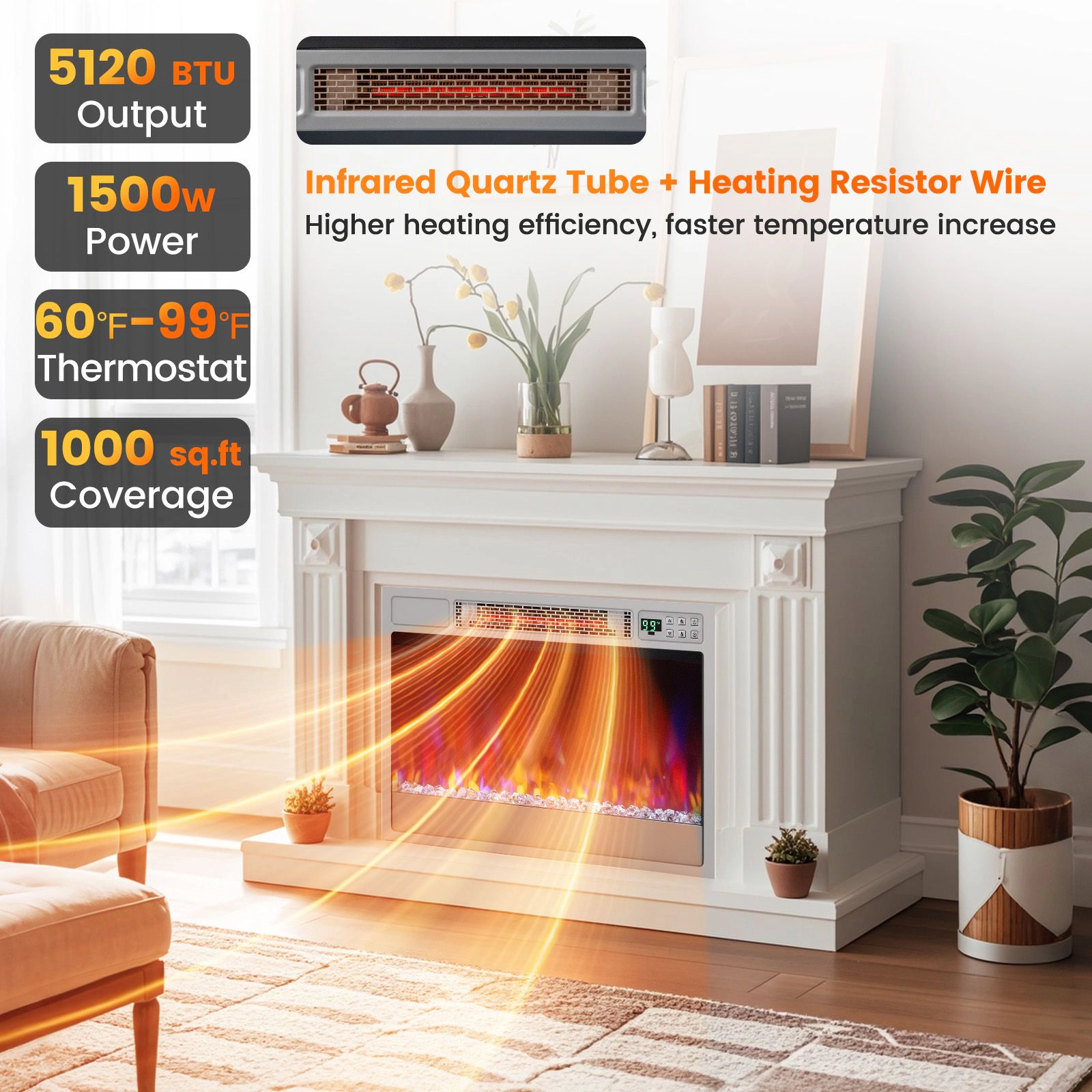 SlickBlue Infrared Electric Fireplace Heater, 5120 BTU 1500W, 6 Flame Colors