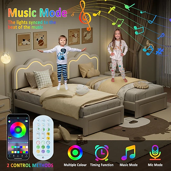 BebreezChic Girls Twin PU Platform Bed Frame with Drawer, Adjustable Upholstered Headboard and Smart LED Lights