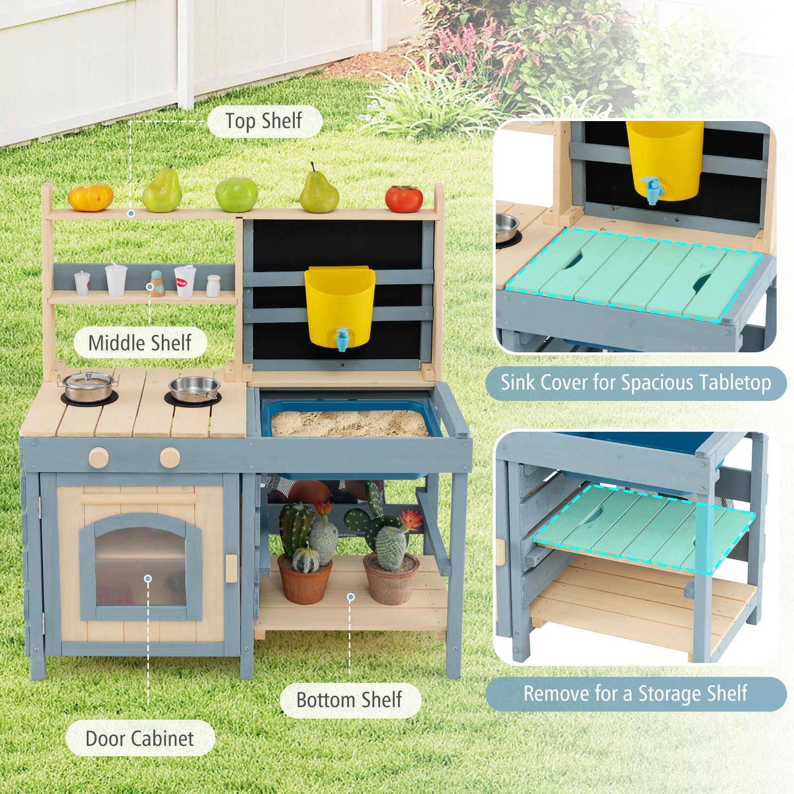 LJG Kids 2-In-1 Outdoor Mud Kitchen with Faucet and Extra Chalkboard