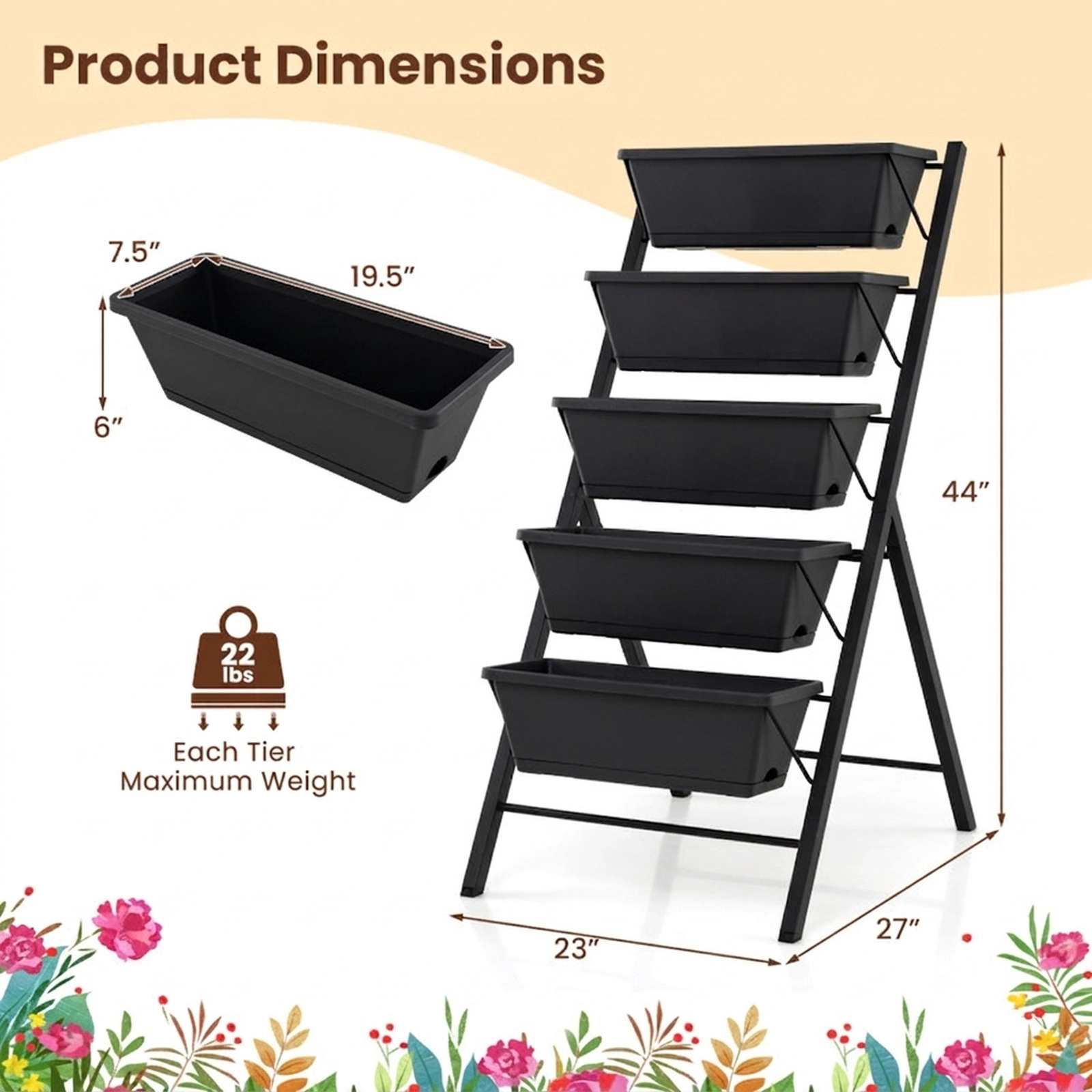 SUGIFT 5-Tier Black Vertical Raised Garden Bed with Detachable Drip Trays 23-in W 27-in D 44-in H 22-lb Per Tier