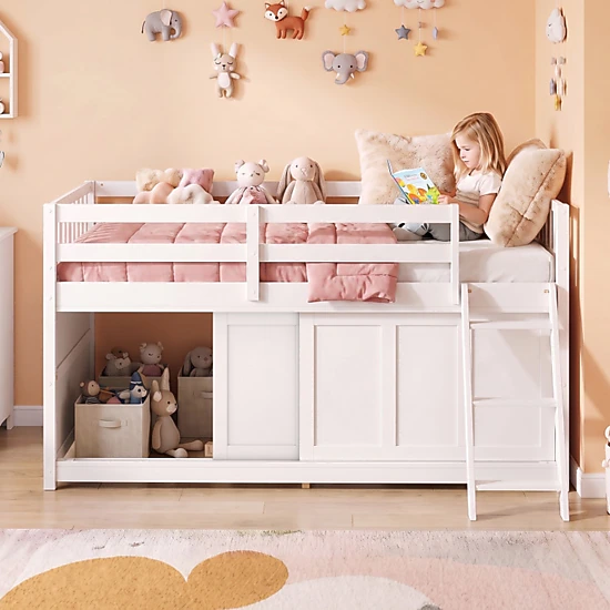 SUGIFT Twin Low Loft Bed with Storage Cabinet, Sliding Door and ...