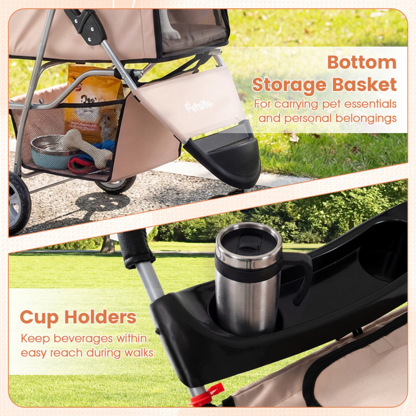 SUGIFT 3-Wheel Folding Pet Stroller for Small Dogs and Cats 33-lb Capacity Black/Beige