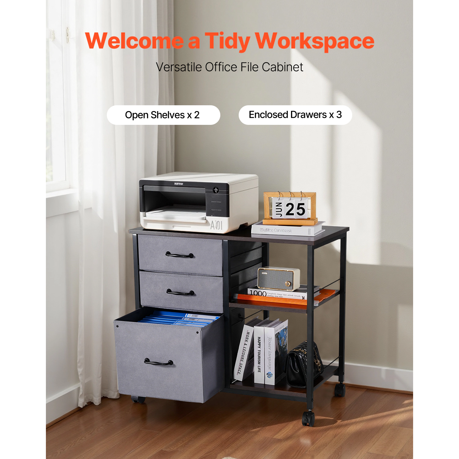 HONGGE Metal File Cabinet Mobile Filing Cabinet with 3 Fabric Drawers and 2 Open Shelves Wooden Vertical Filing Storage