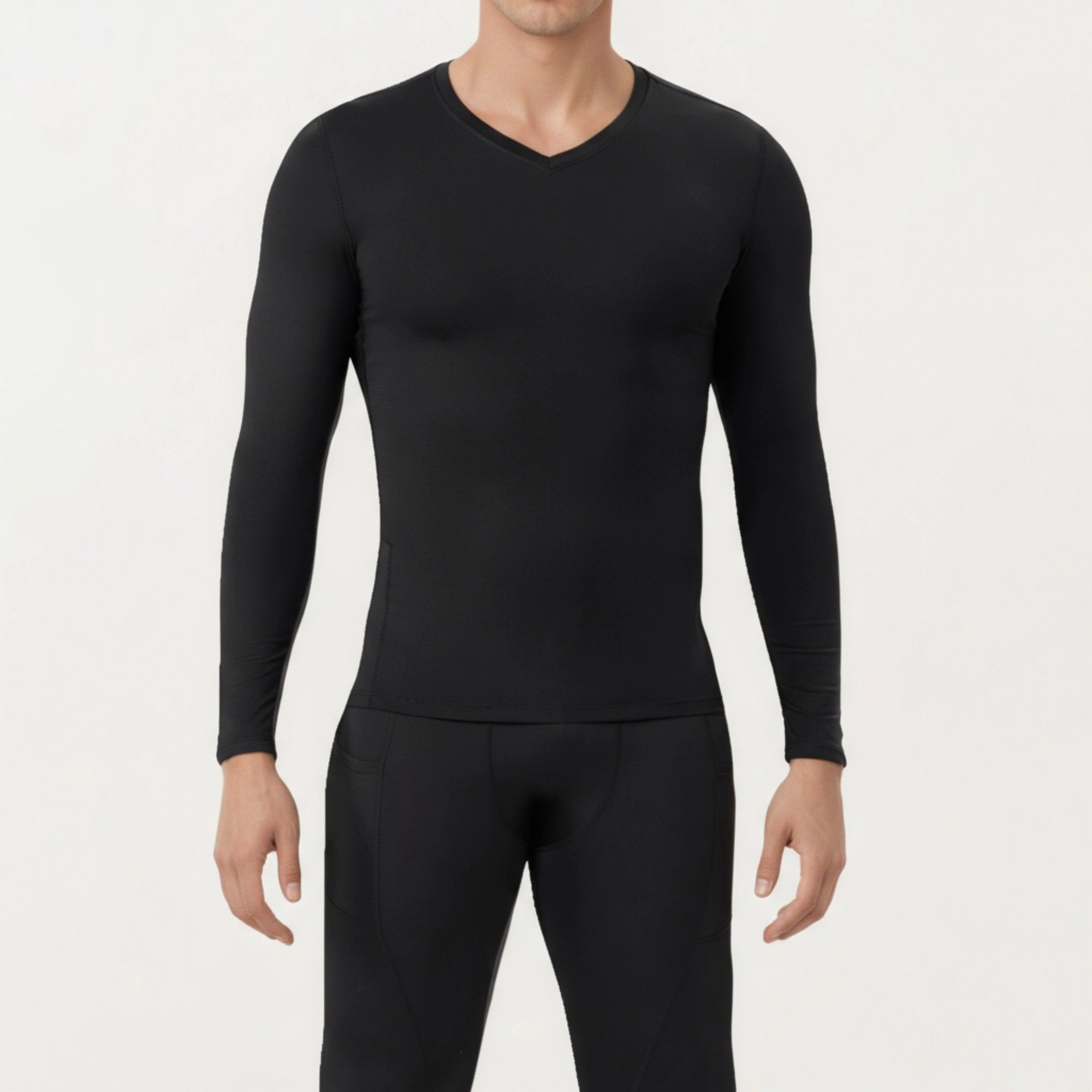 Anna-Kaci Men's Long Sleeve Compression Athletic Shirt with Stretch Fabric and V-Neck Design