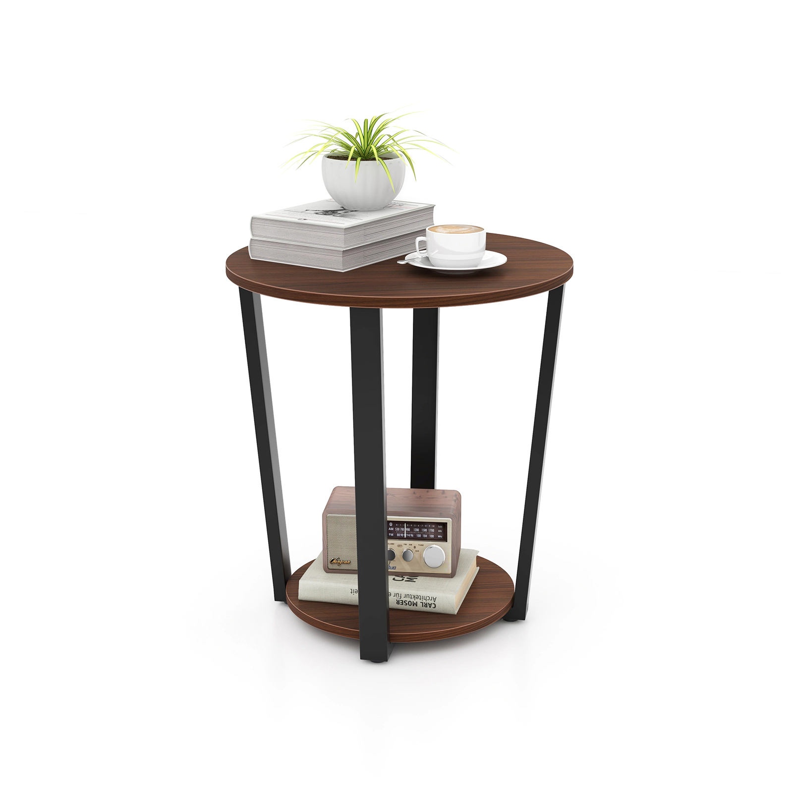 Glintex Round End Table with Open Shelf X-Braced Metal Frame and Adjustable Feet, Walnut