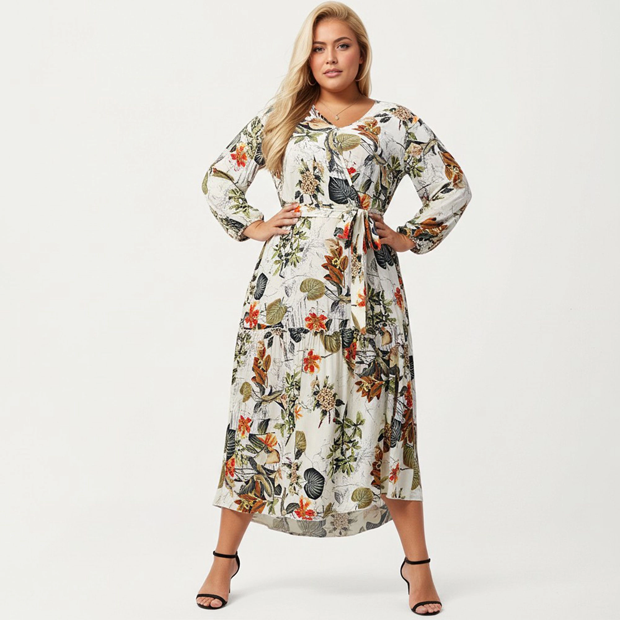 Anna-Kaci Women's Plus Floral Print Long Sleeve V Neck Waist Tie Tiered Skirt Midi Dress