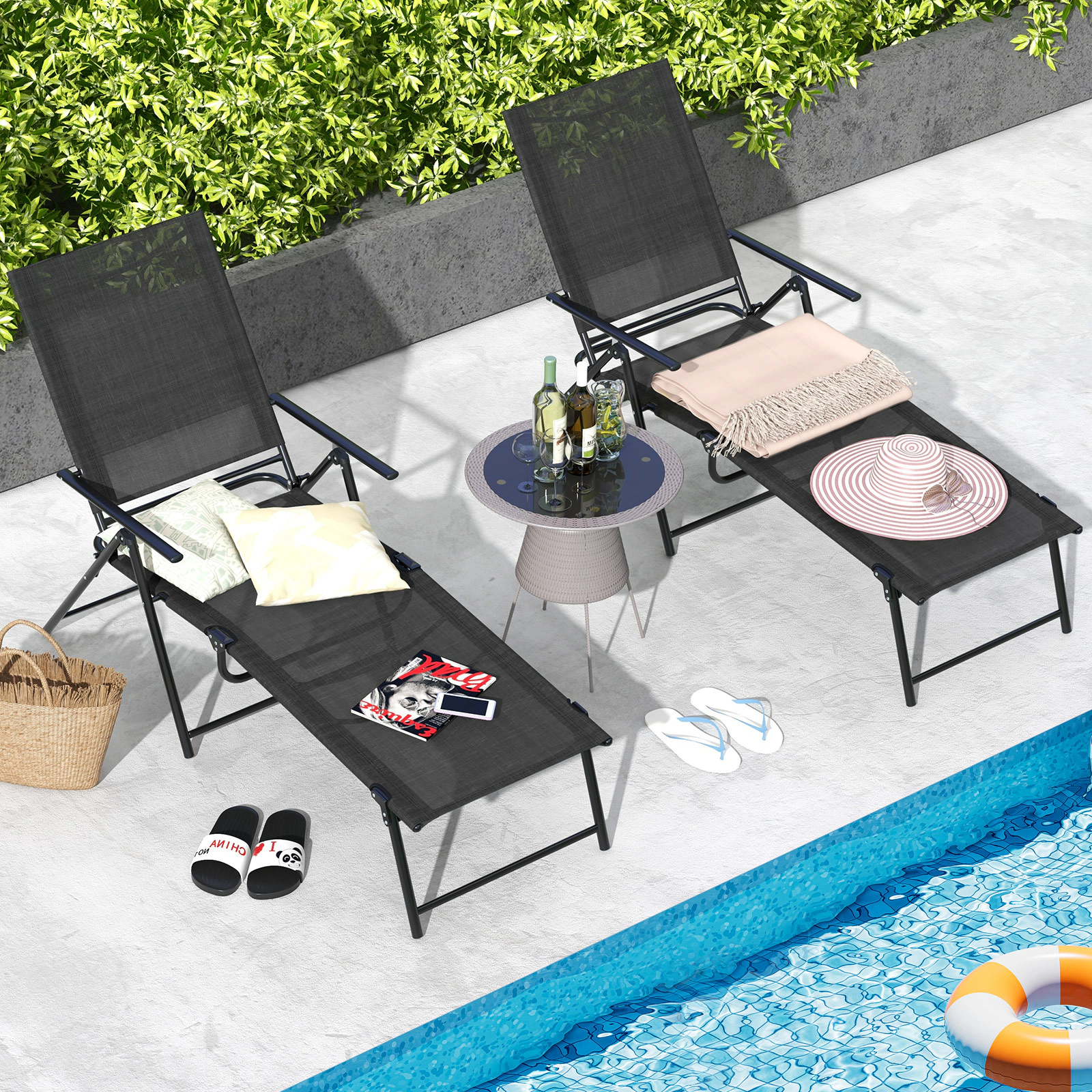 SUGIFT 2 Piece Patio Folding Chaise Lounge Recliner Chairs with 6-Level Backrest 330-lb Capacity 61-74.5-in Length Black