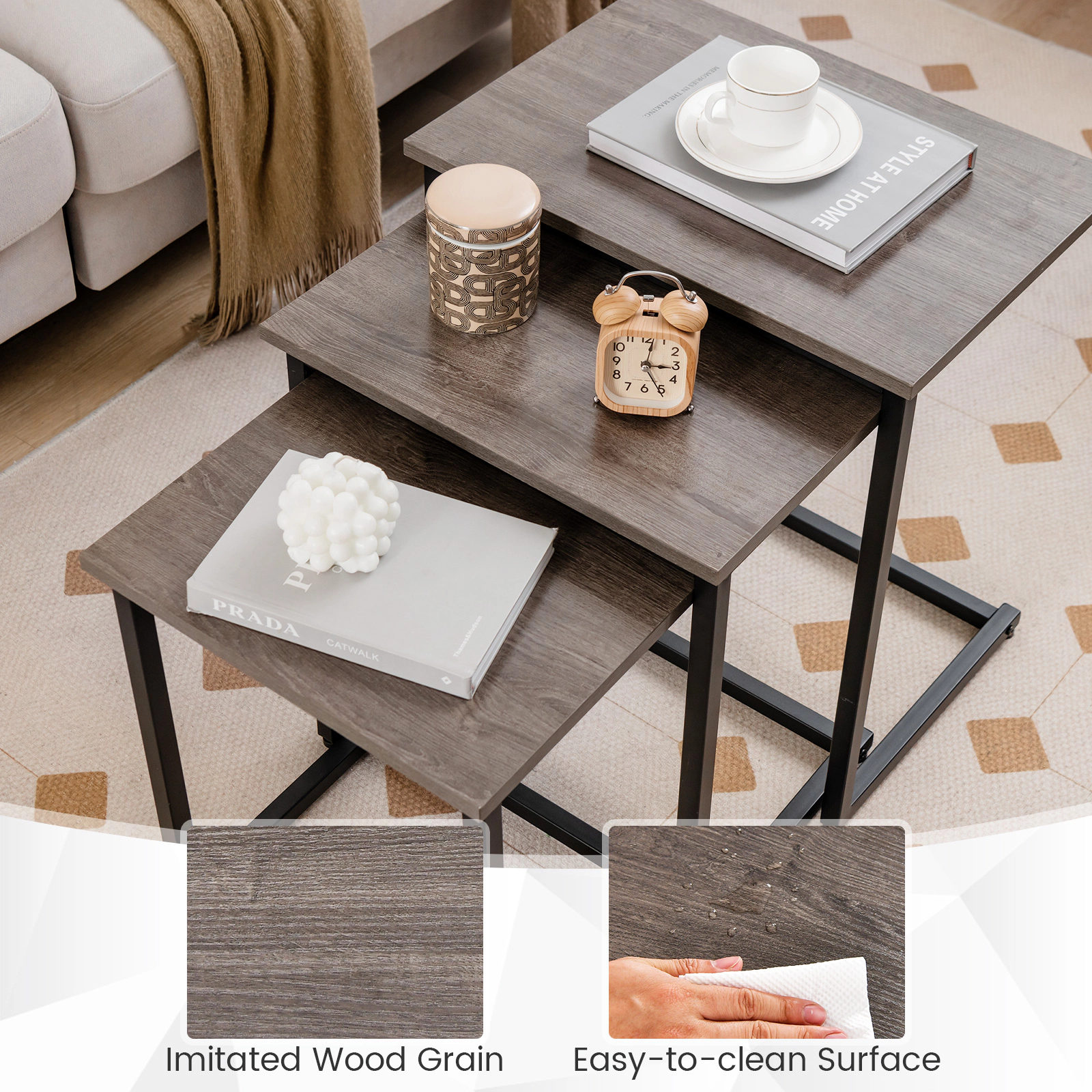SUGIFT Stackable C-Shape Coffee End Table Set 44-lb Capacity Oak Color As the Picture Shows