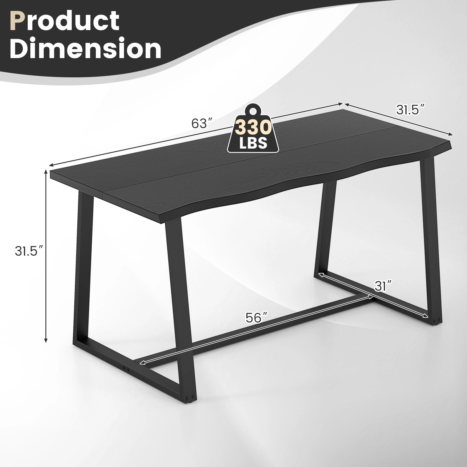 SUGIFT 63-in Large Wavy Edge MDF Dining Table with Heavy-Duty Metal Frame 220-lb Capacity Seats 4-6 Coffee/Black