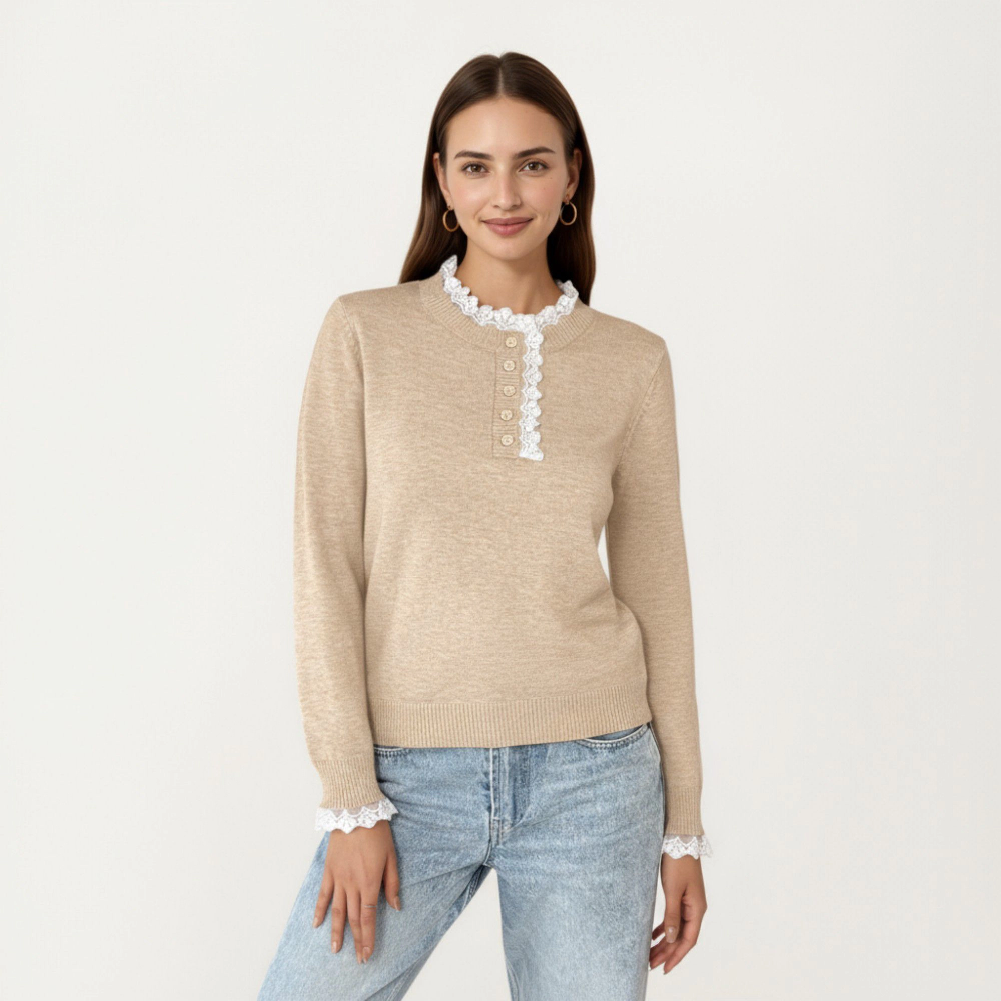 Anna-Kaci Women's Lace Trim Collar Button Front Long Sleeve Knit Top